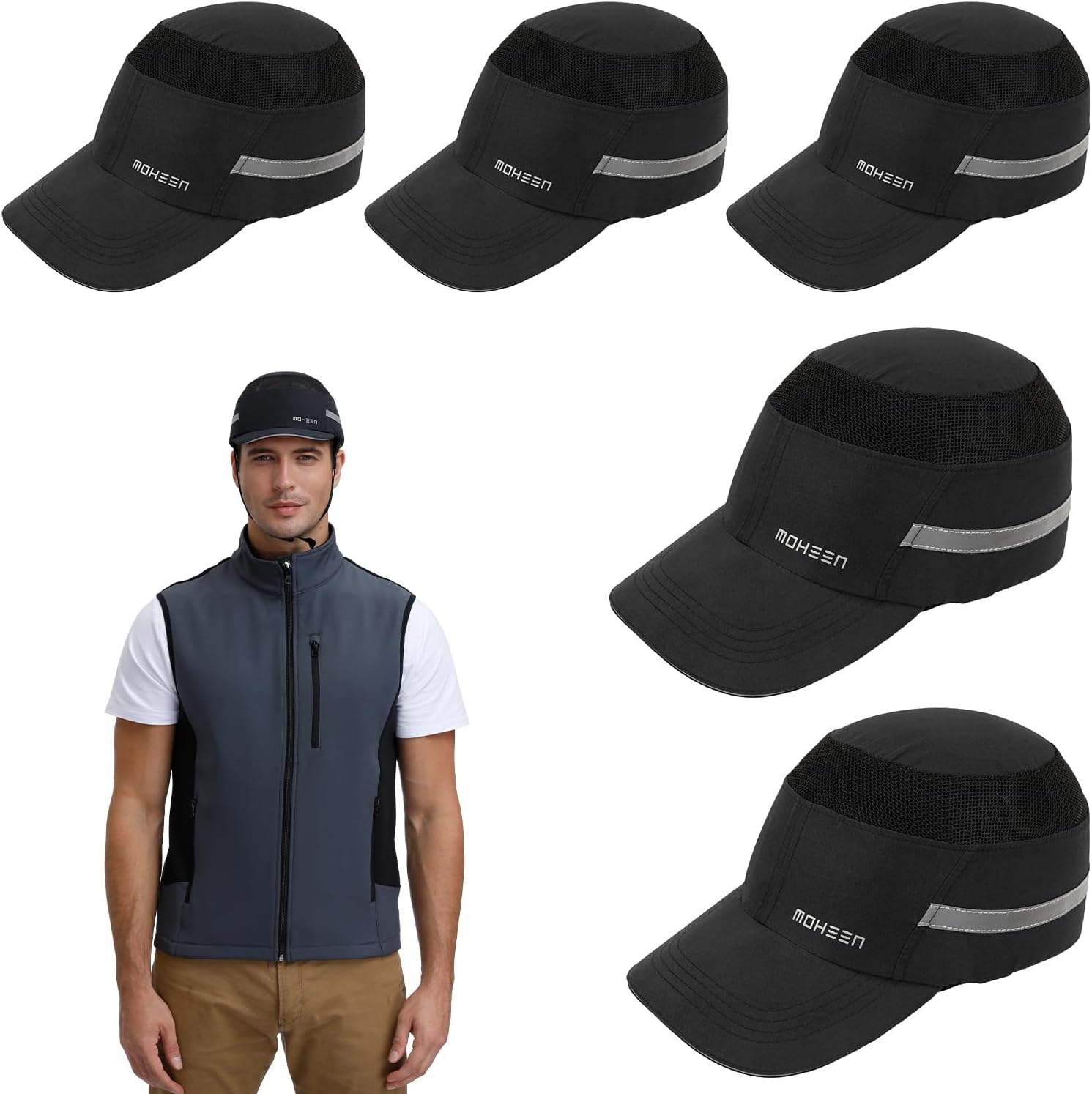 Lightweight Safety Bump Cap - Breathable Baseball Style Protective Hat with Reflective Stripes