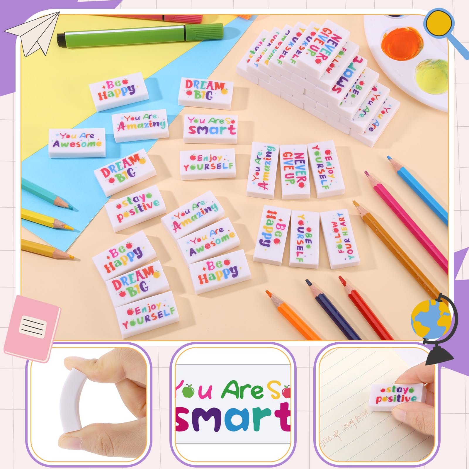 100 Stück inspirierende Bleistift-Radiergummis, weiß, motivierender Radiergummi für Kinder, lustige Radiergummis, Großpackung für Studenten, Lehrer, Preis, Belohnung, Schulanfang, Bürobedarf