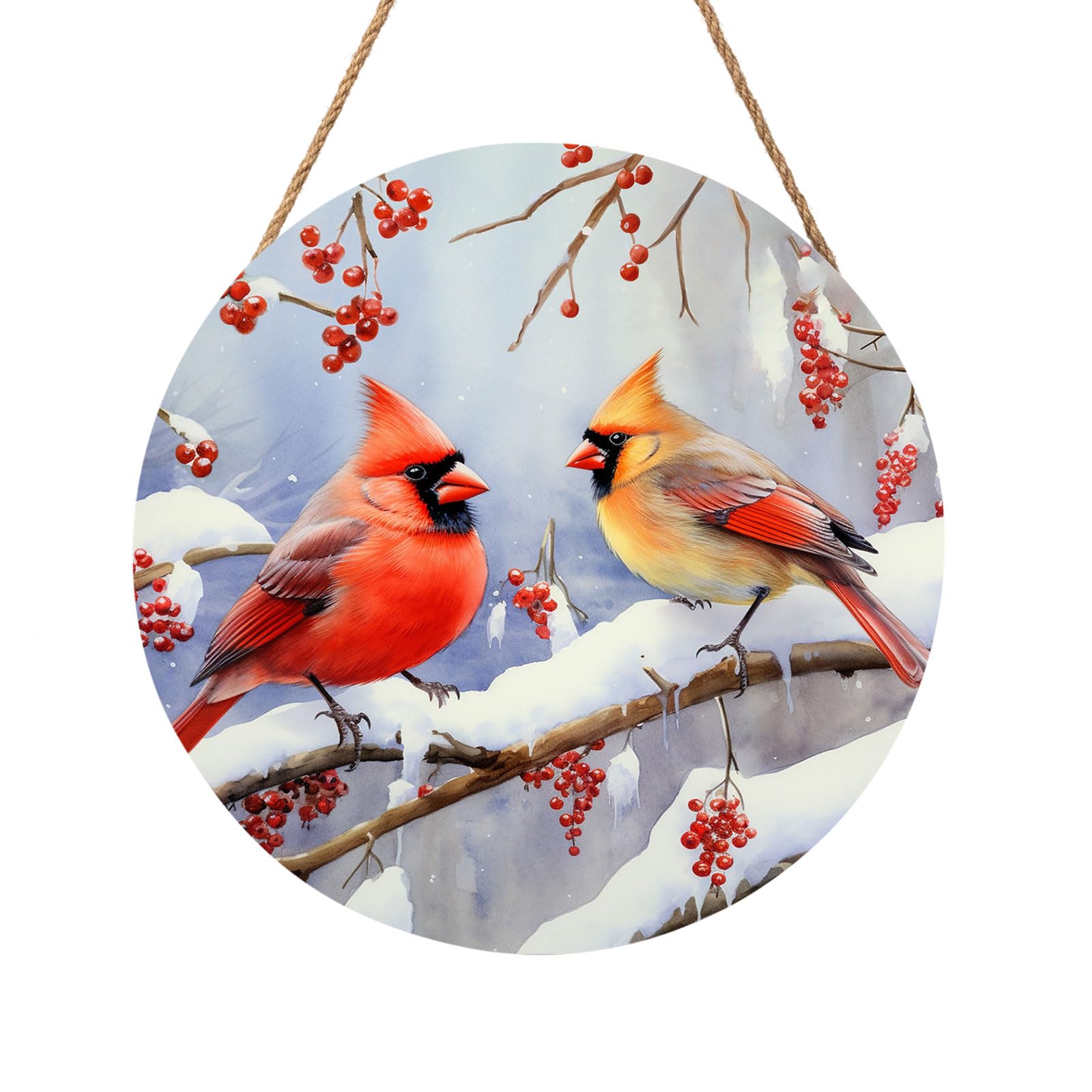 Winter Cardinal Bird Door Wreaths for Front Xmas Welcome Birds Wood Hanger Snowy Winter Branches Berry Door Sign Christmas Holiday Sign for Home Front Porch Wall Outdoor Outside 12in
