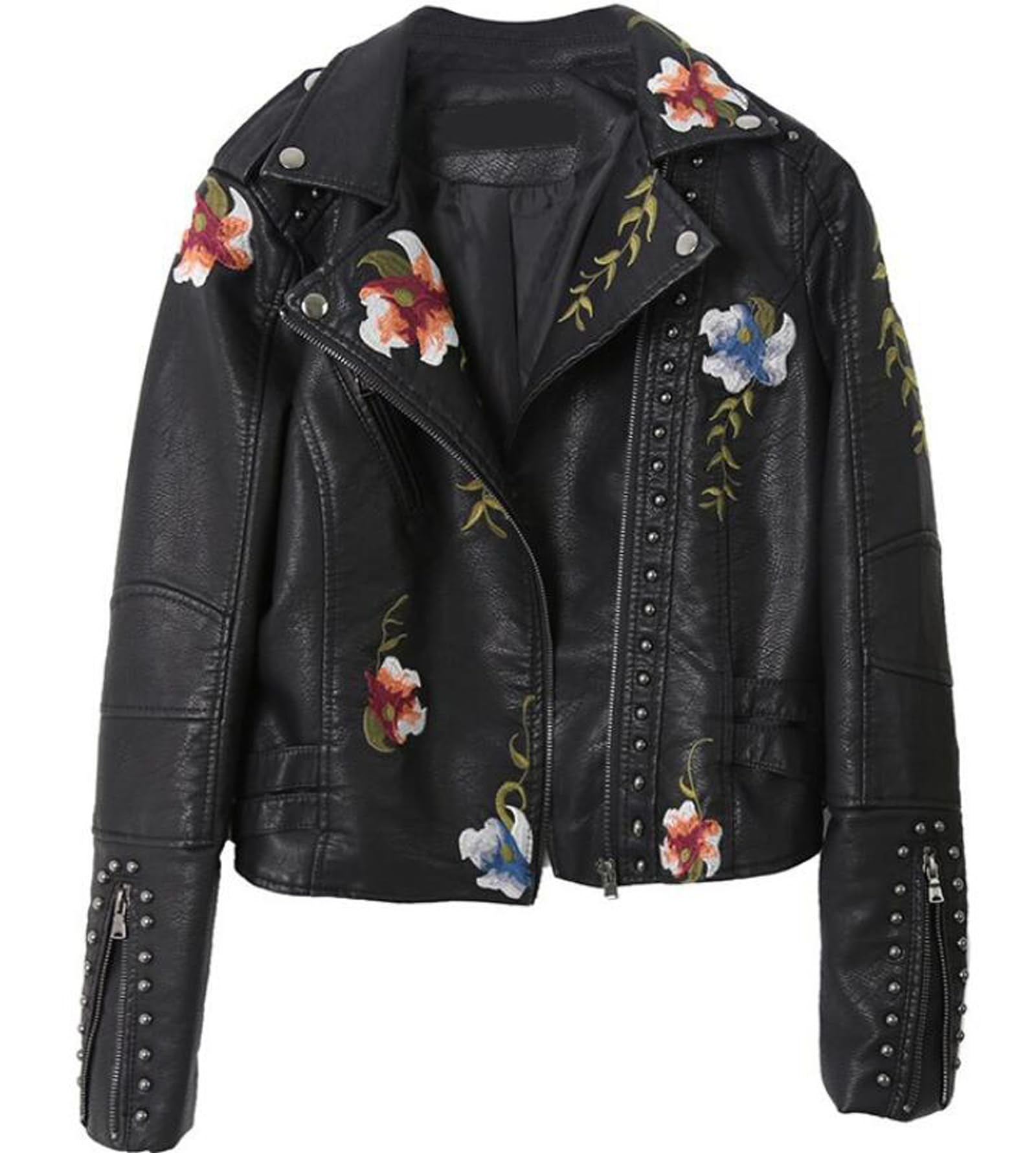 EFLAL Floral Print Leather Jacket,Embroidery Faux Soft Leather Jacket Coat Turndown Collar Pu Moto Biker Black Punk Outerwear,Black,L