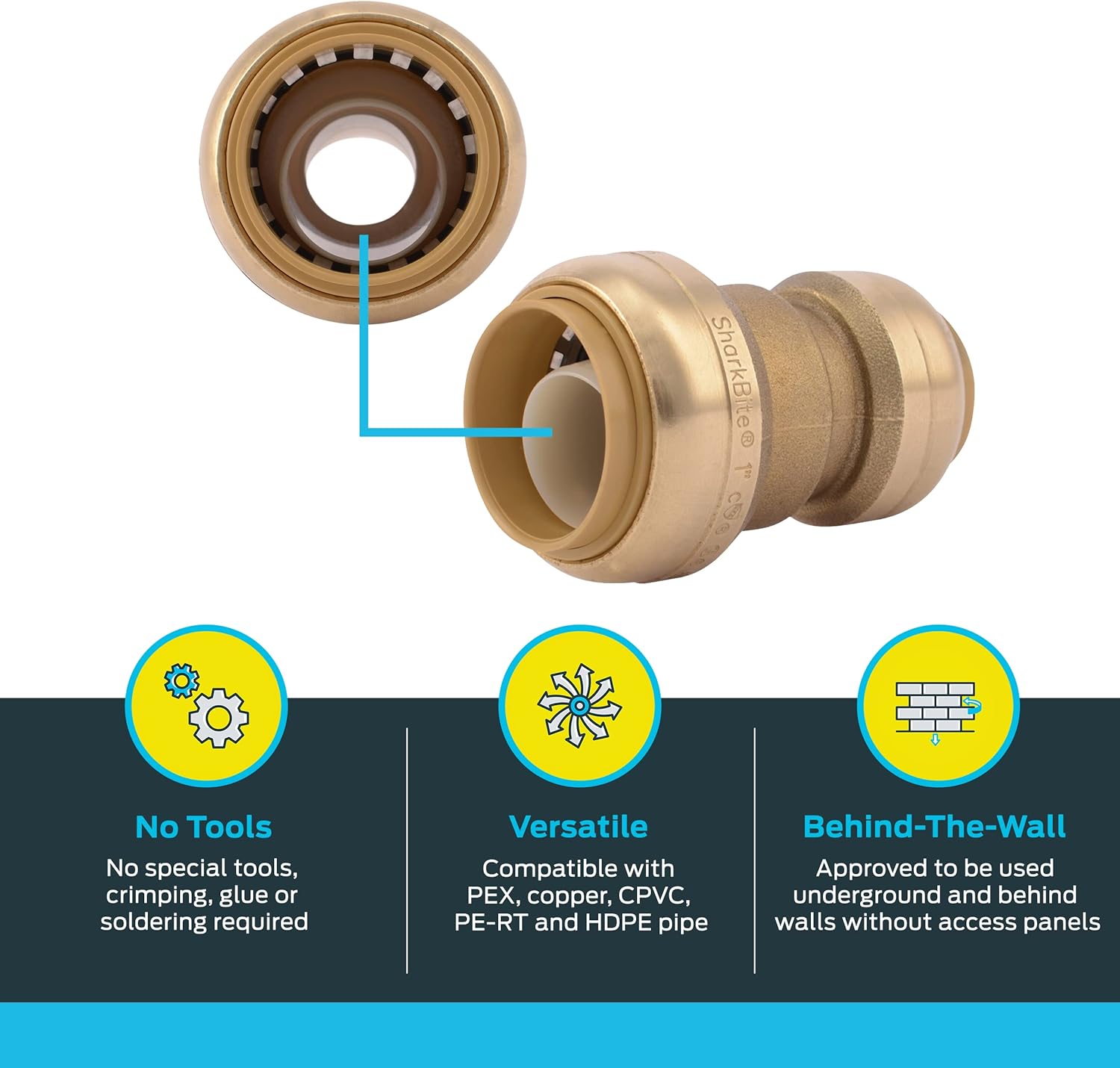 SharkBite 1 Inch x 3/4 Inch Reducing Coupling, Push to Connect Brass Plumbing Fitting, PEX Pipe, Copper, CPVC, PE-RT, HDPE, U060LFA