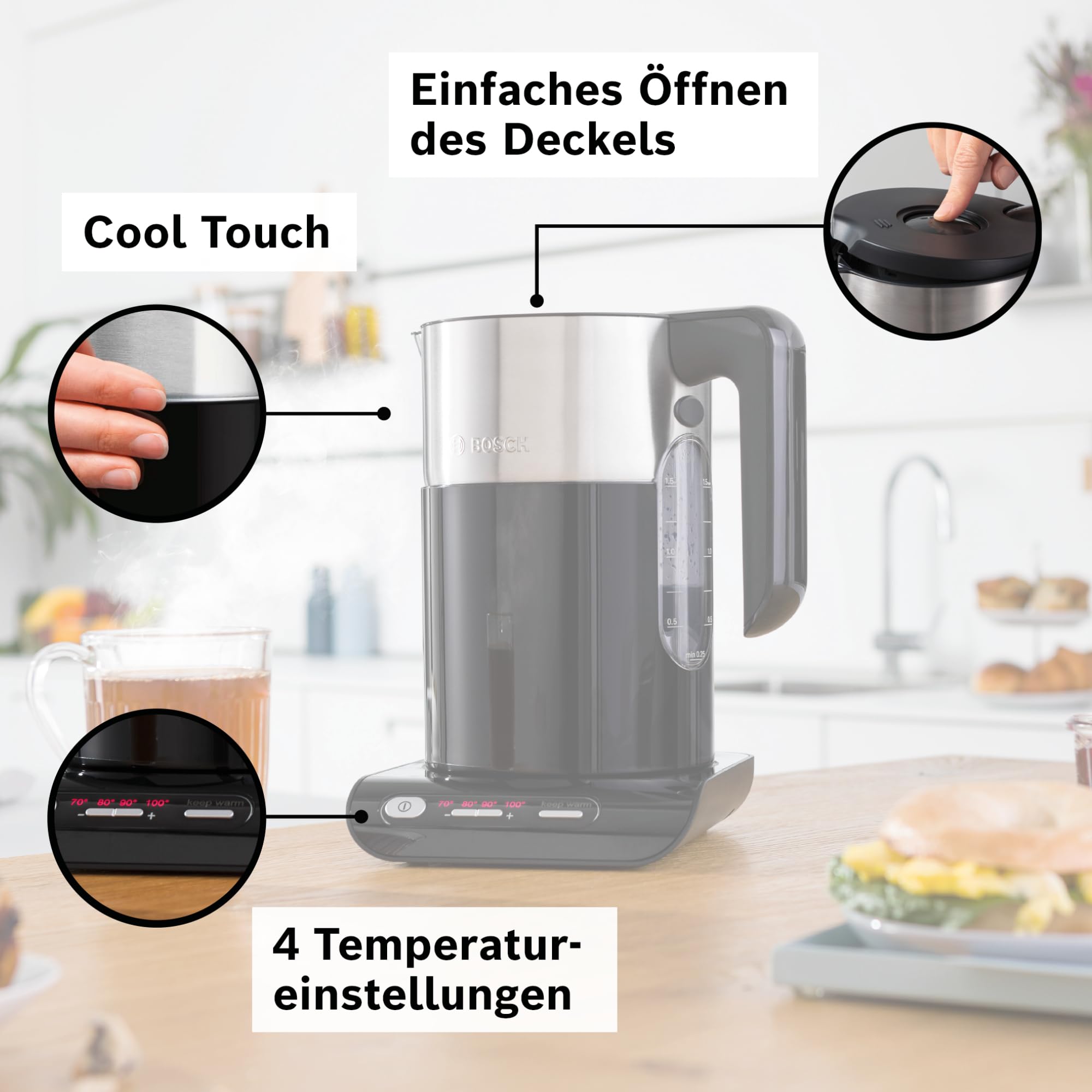 Bosch kabelloser Wasserkocher TWK8613P, Abschaltautomatik, Überhitzungsschutz, Temperaturwahl, Warmhaltefunktion, 1,5 L, 2400 W, schwarz