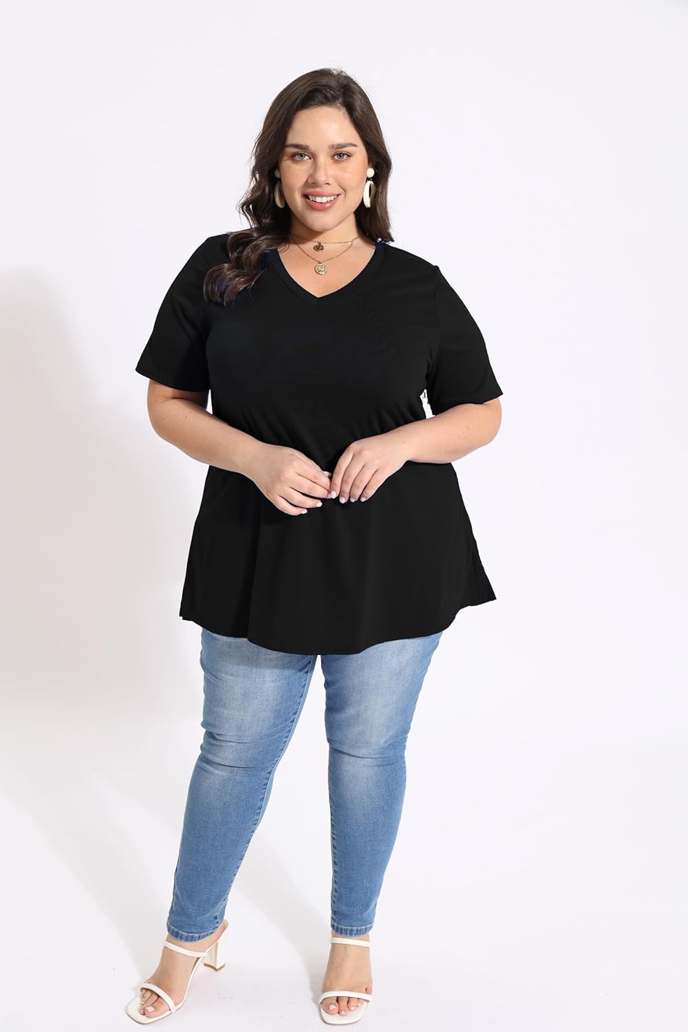 CARCOS Womens Plus Size Tops Basic Summer Shirts Short Sleeve V Neck Tunics Casual T-Shirt Loose Fits XL-5XL - Image 2