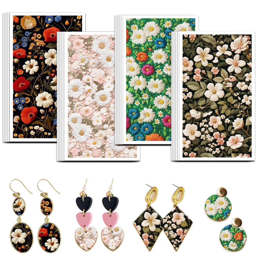 OLYCRAFT 24Pcs Embrodery Flower Clay Transfer Paper 4 Design Transfer Paper for Elegant Floral Polymer Clay Transfer Sheets Colorful Flowers Small Transfer Paper for Clay Earrings Jewelry Making