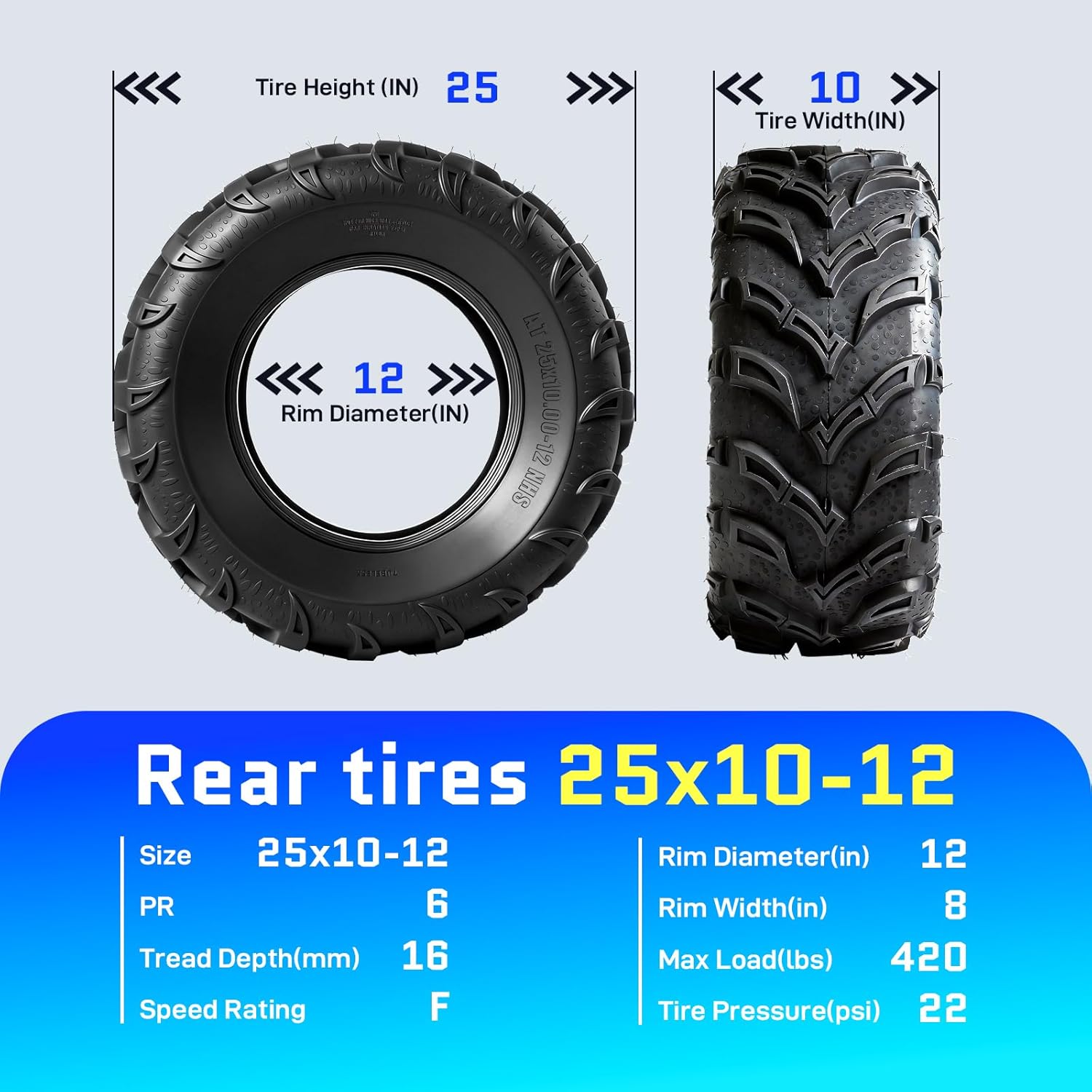 TRIBLE SIX 25x8-12 & 25x10-12 ATV UTV Tires,6 PR Full Set All-Terrain Tires 25x8x12 25x10x12 for Sand Mud Trail,Directional Tread,Tubeless (Pack of 4)