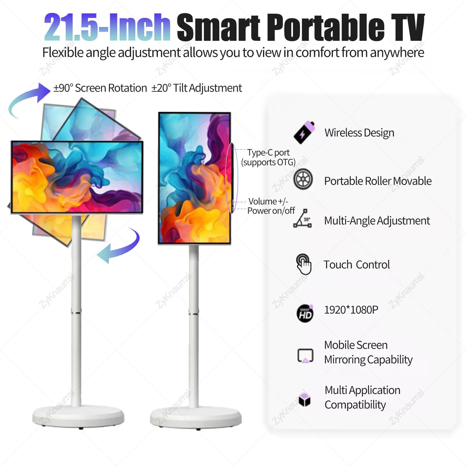Smart TV portatile con touch screen FHD, sistema operativo Android, CPU Octa-Core, doppio altoparlante, lunga durata della batteria per casa e viaggio