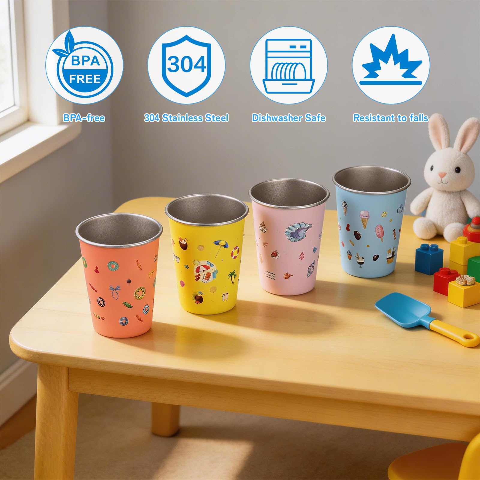 4 Pièces Gobelet Inox pour enfant, 350ml Tasse Enfant Réutilisables pour Garçons et Filles, Tasse Inox Incassable pour École, Maison, Plein Air(4 Estampes)