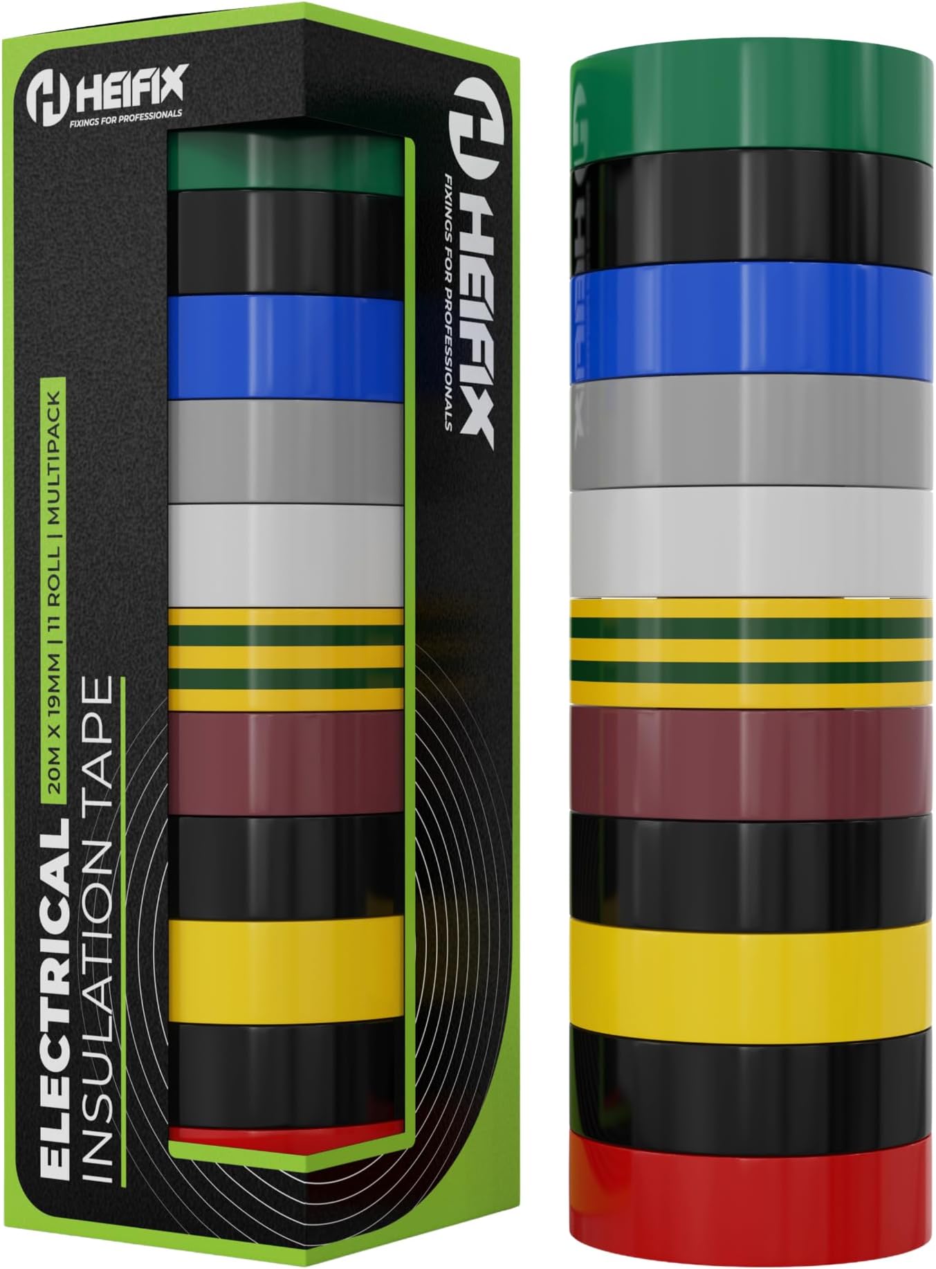 Premium Electrical Insulation Tape Set In Storage Box 20m x 19mm (Pack Of 11) - Black (x3), Green, White, Grey, Yellow, Blue, Red, Brown, Earth