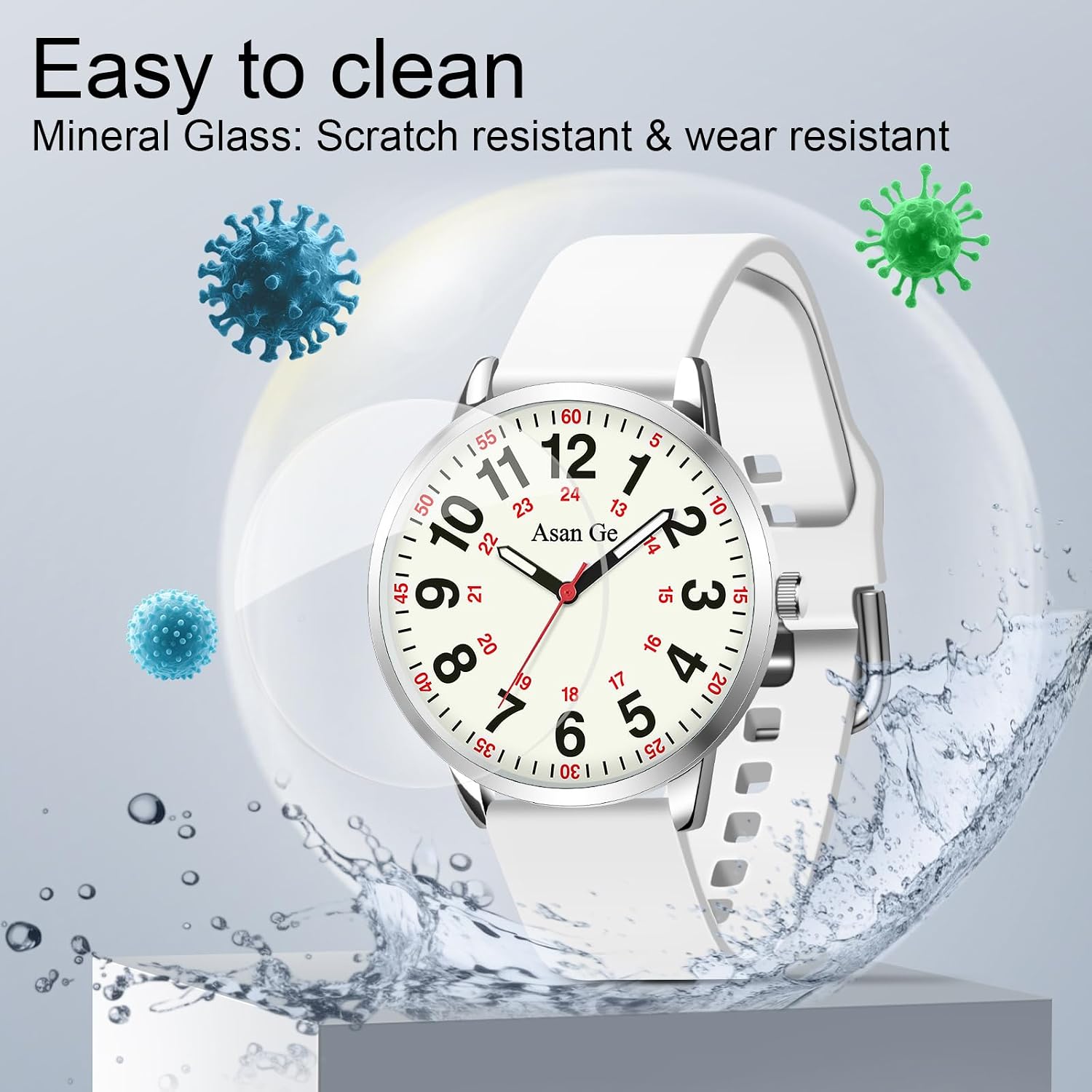 Asan Ge 40MM 3ATM Waterproof Wear Resistant Anti-Scratch Analog Nurse Watch 12/24 Hour Luminouse with Second Hand Military Time Big Face Easy to Read,Soft Breathable Easy to Clean Gift for Women