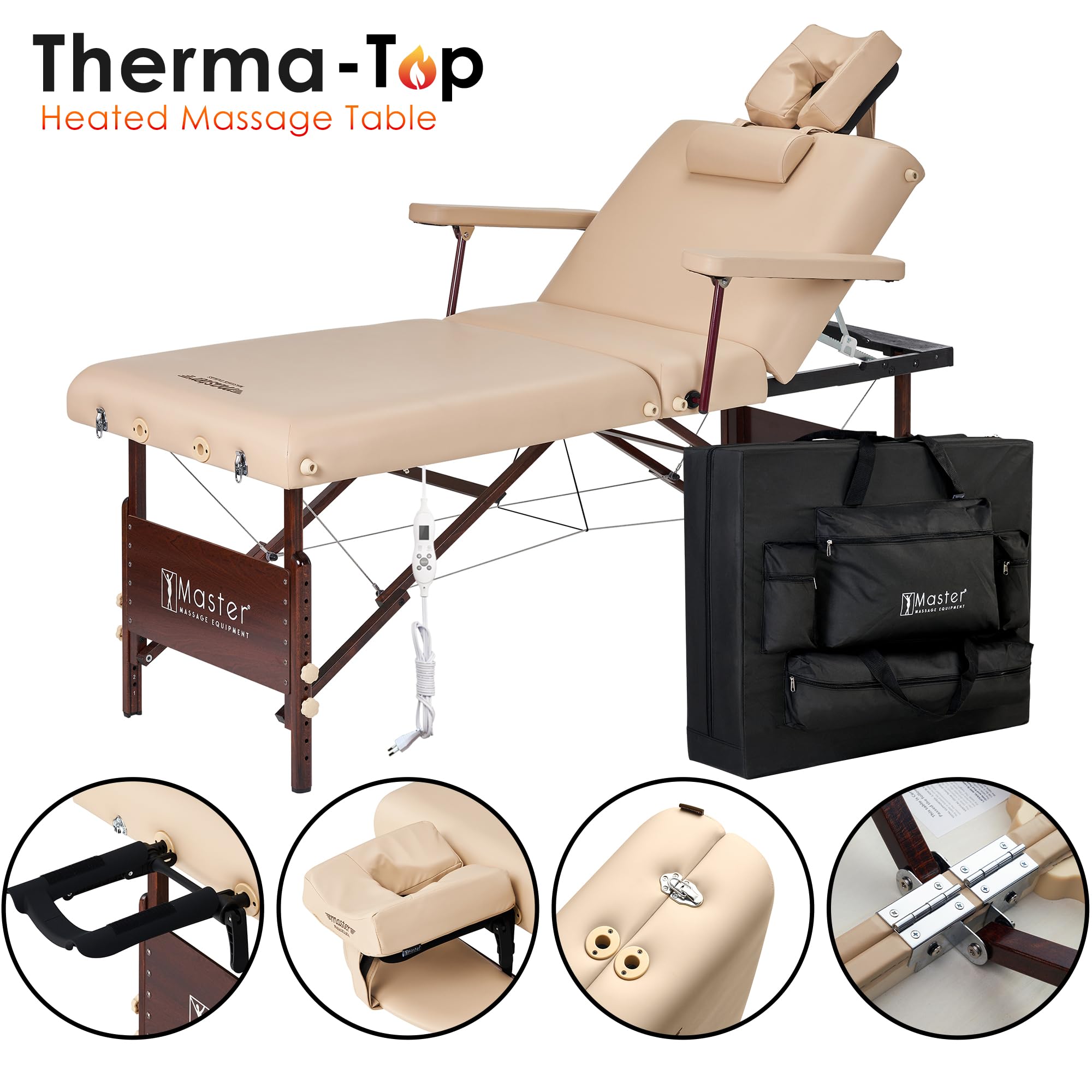 Master Massage Del Ray Salon Therma Top - Lettino pieghevole per massaggi e cosmetici, riscaldabile, schienale regolabile con cuscino musicale, altoparlante Bluetooth