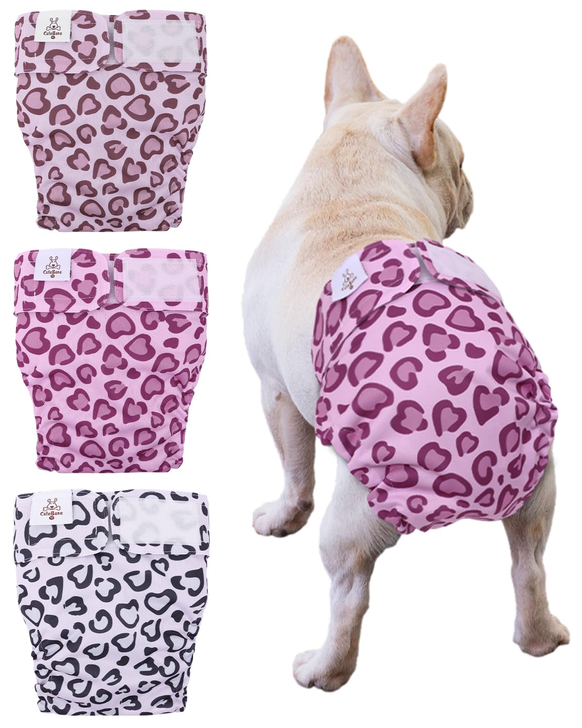 CuteBone Washable Dog Diapers Female No Tail Hole 3 Pack Reusable Doggie Period Training Pants for Docked-Tail Frenchie French Bulldog Boston Terrier