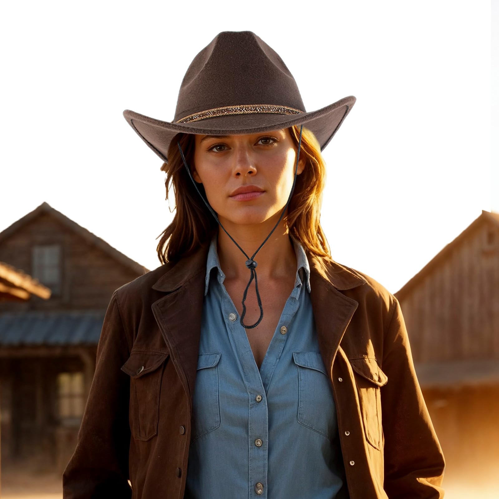 Unisex Cowboyhut aus Filz mit breiter Krempe und Band, Jeanshut für den Outdoor-Western-Stil, Accessoires für Damen und Herren, Kaffee