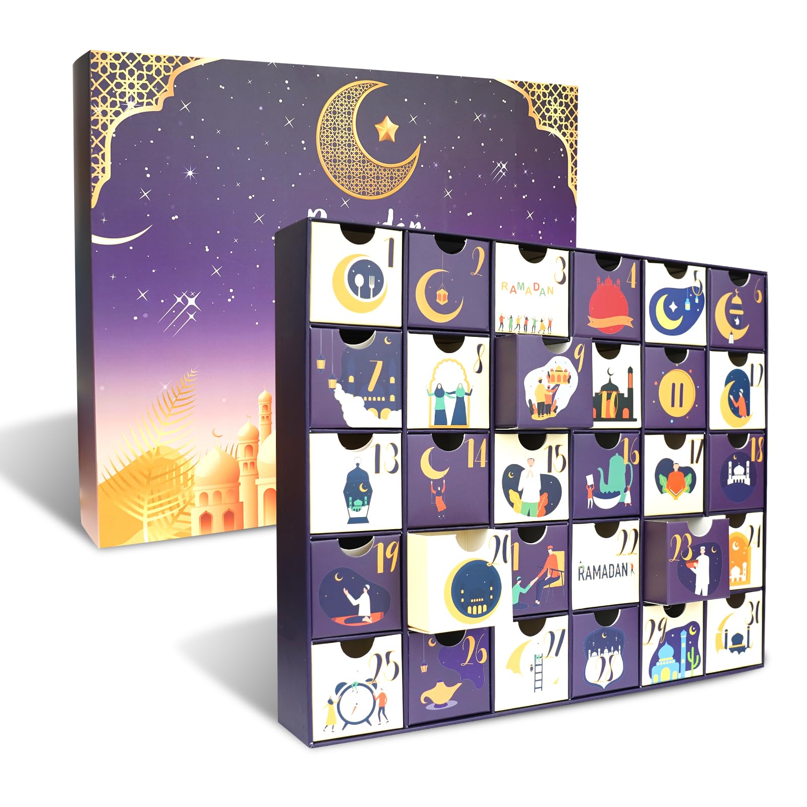 Ramadan Calendar,Ramadan Advent Calendar with 30 Countdown Drawers DIY filling,Pre-Assembled Box For Ramadan Decorations, Engage your Kids with a beautiful Ramadan gift & Eid gift for kids (Purple)