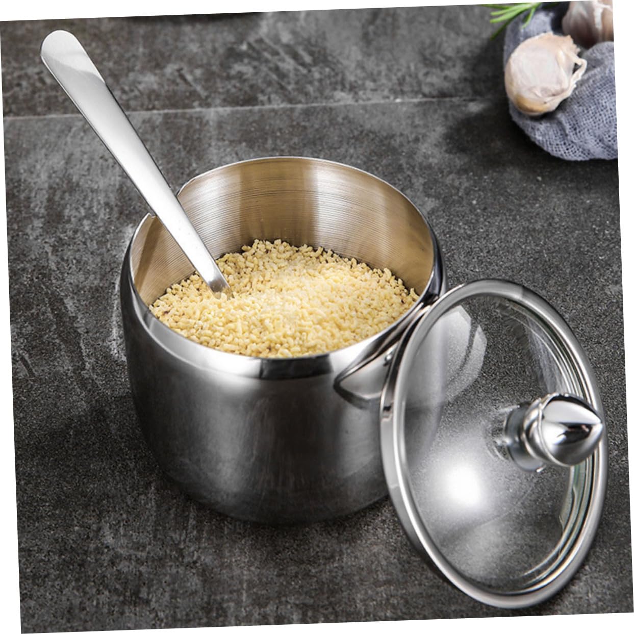 Pot à Épices Accessoire de Rangement Alimentaire 3 Bocaux en Acier Inoxydable avec Base Cuisine Moderne Récipient de Conservation Argenté et Buffet