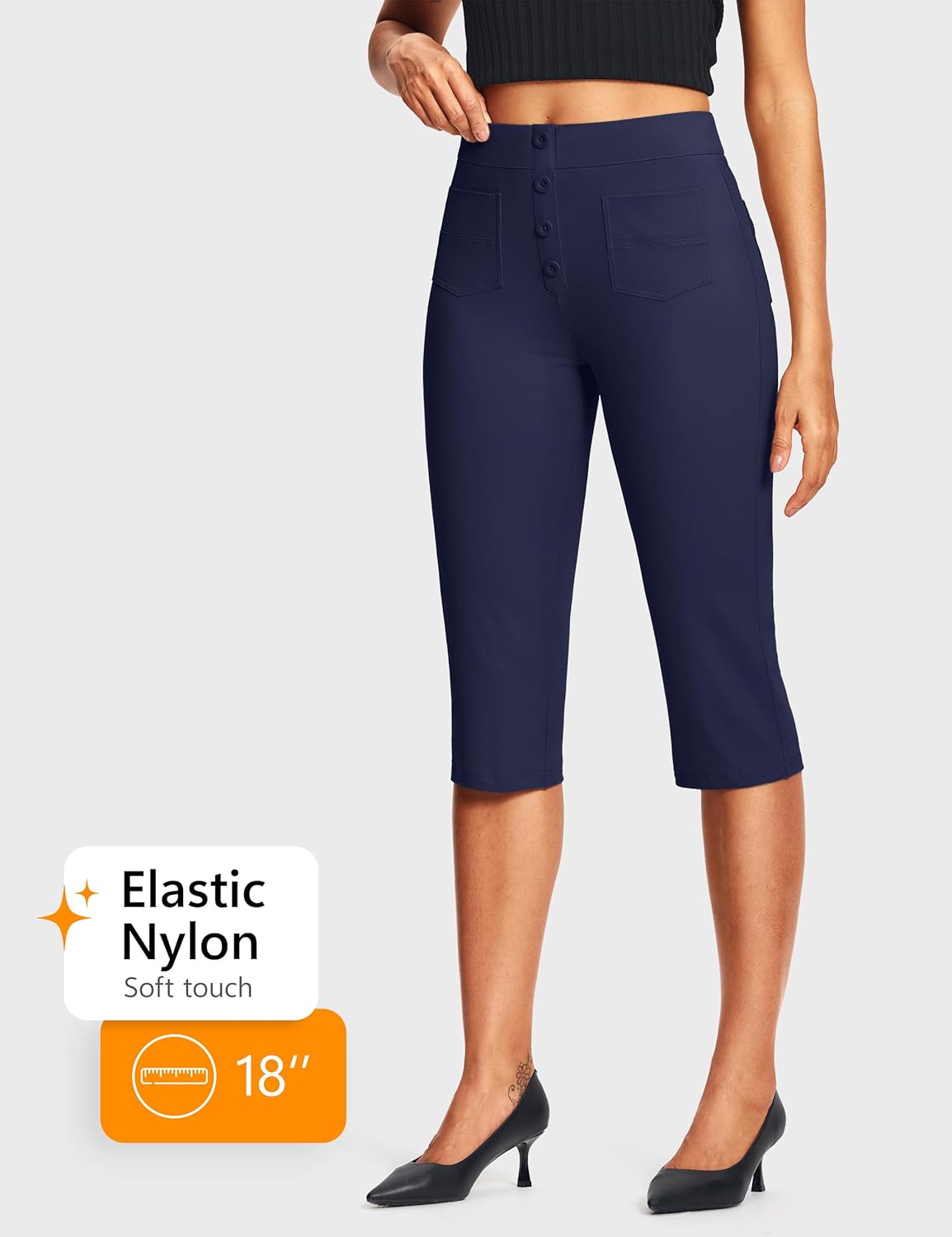 18'' Capri Pants for Women Dressy Slim Fit Stretch Pull On Women’s Capris with Pockets Petite Summer Work Casual - Image 4