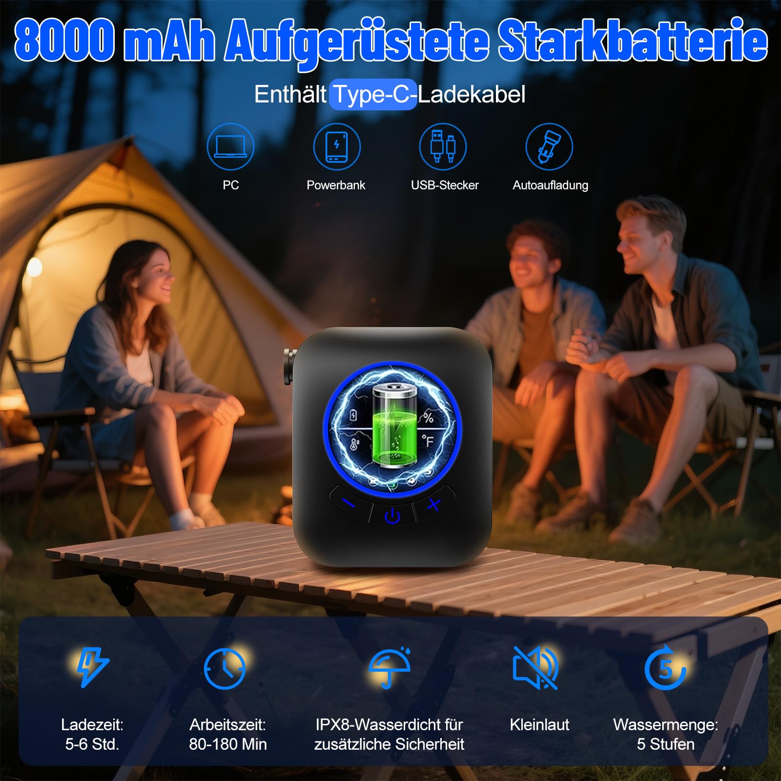 Campingdusche Set mit Heizfunktion, IPX8 Outdoor Dusche 8000mAh Akku-Wasserpumpe mit Smart Display, Duschkopf mit Filter, 2m Schlauch, faltbarer Wasserbehälter, mobile Dusche für Camping & Wohnmobil