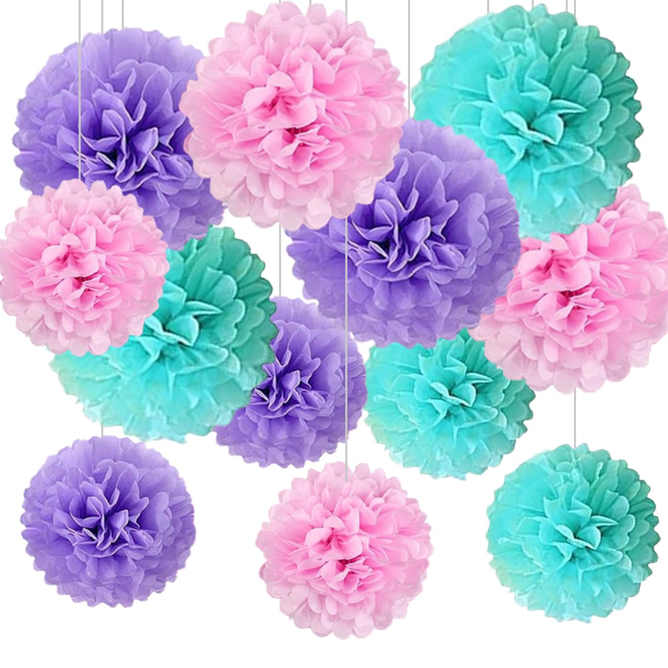 12pcs Pink Purple and Blue Tissue Paper Pompoms,Pastel Teal Pink and Purple Hanging Paper Pom Poms for Girls Baby Shower Ocean Theme Under The Sea Birthday Party Decorations — image 1