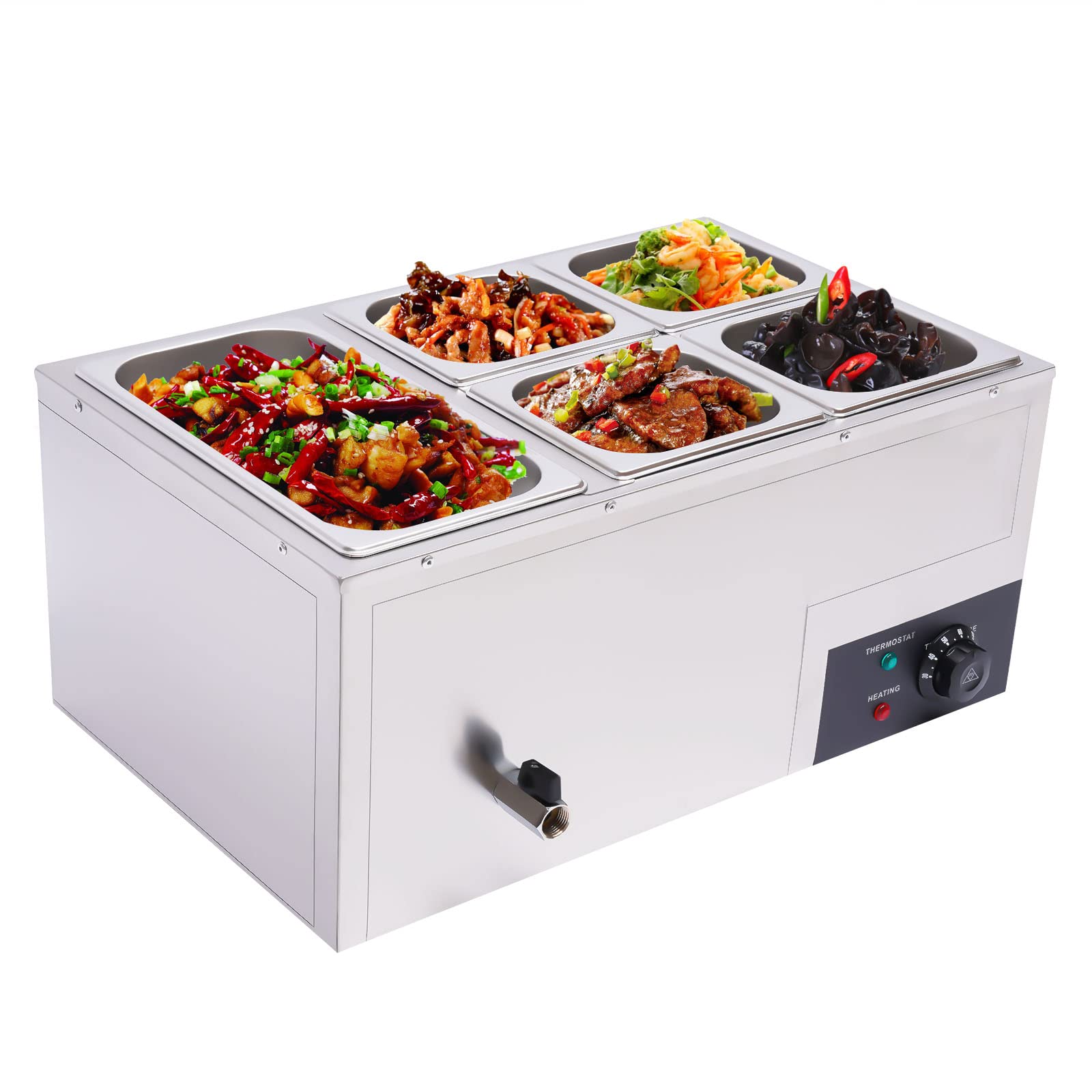 600W Commercial Electric Food Warmer Countertop Steam Table 5-Pan Stainless Steel Bain Marie with Lid for Catering Restaurants