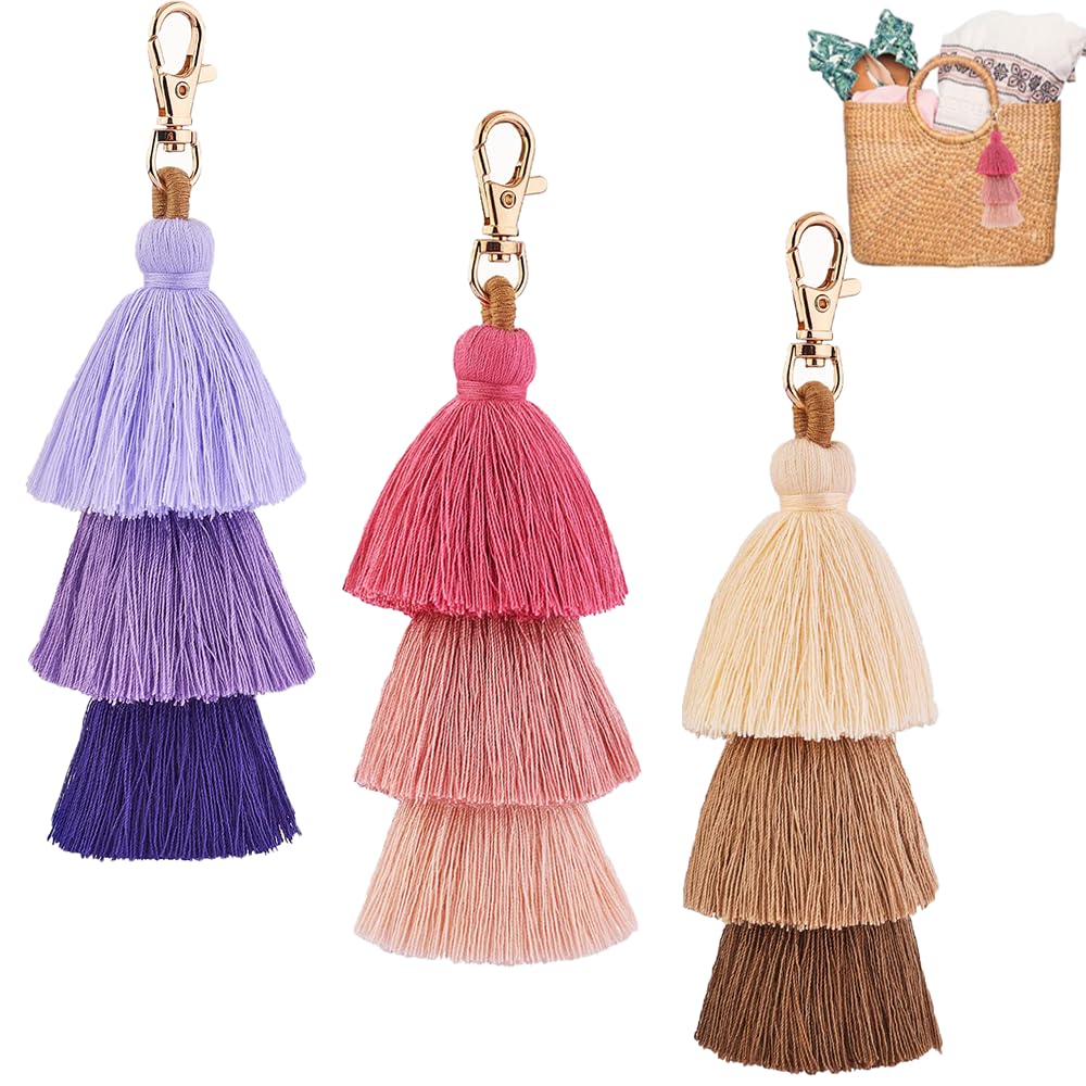 YaLiyA Colorful Boho Tassel Charm Key Chain Pom Pom Bag Pendant Key Ring 3Pcs Handbag Tassels Charm Keychain Car Keyring Holder Bag Wallet Purse