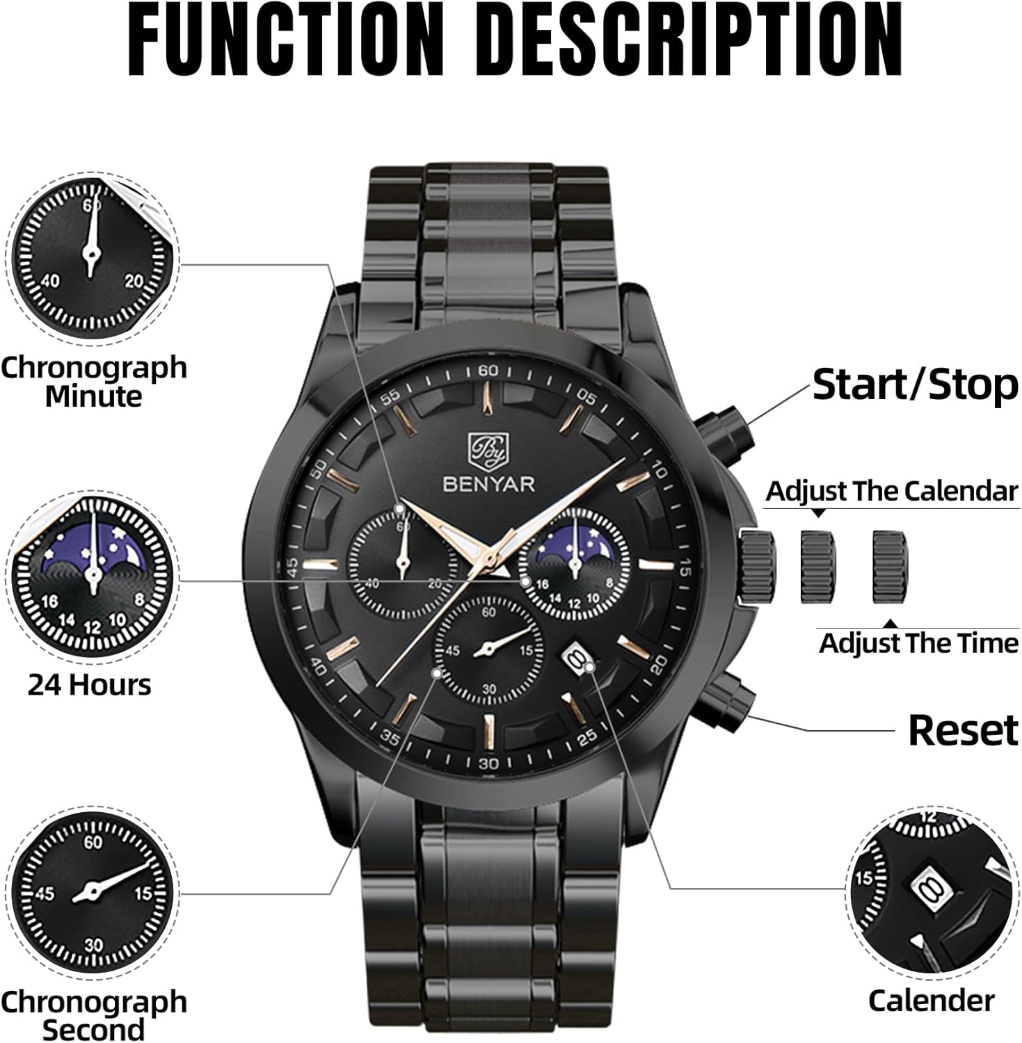 BENYAR Mens Watch Analog Quartz Movement Chronograph Stylish Casual Wristwatch with Stainless Steel Bracelets Waterproof Luminous Date Watches Elegant Gift for Men