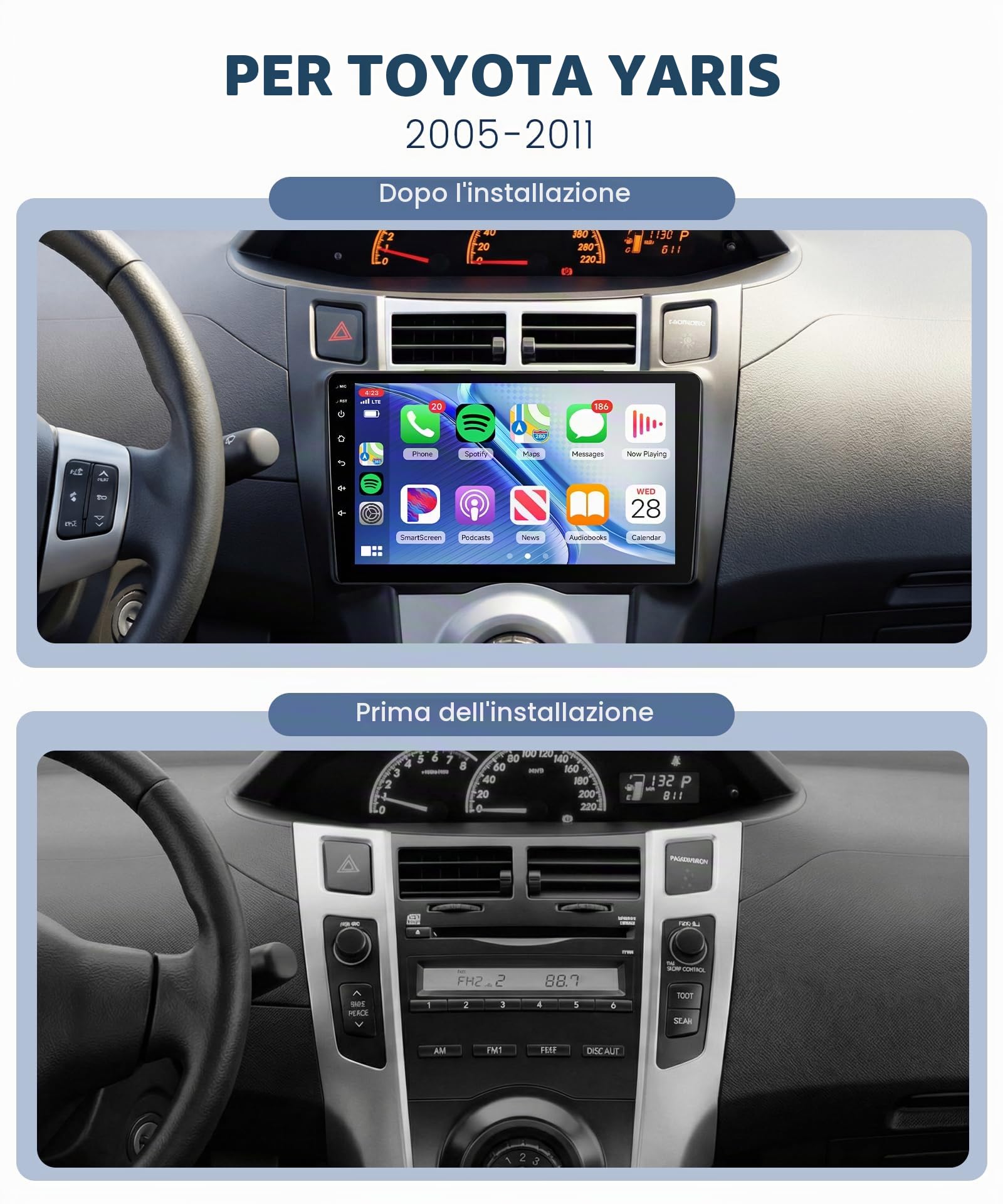 Rimoody Autoradio per Toyota Yaris 2005-2011 Carplay Wireless, 9 Pollici Touchscreen IPS Radio 2 din con Android Auto, Mirror Link, Bluetooth, FM/RDS, DSP, Comandi al Volante Retrocamera