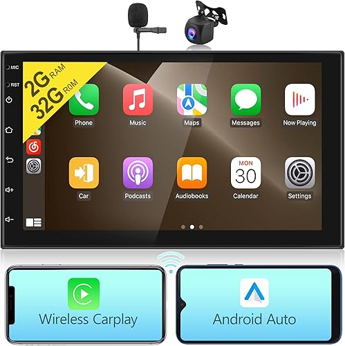 Podofo Radio de coche doble DIN inalámbrica Carplay Android Auto GPS unidad principal de 7 pulgadas pantalla táctil HD Indash soporte estéreo para