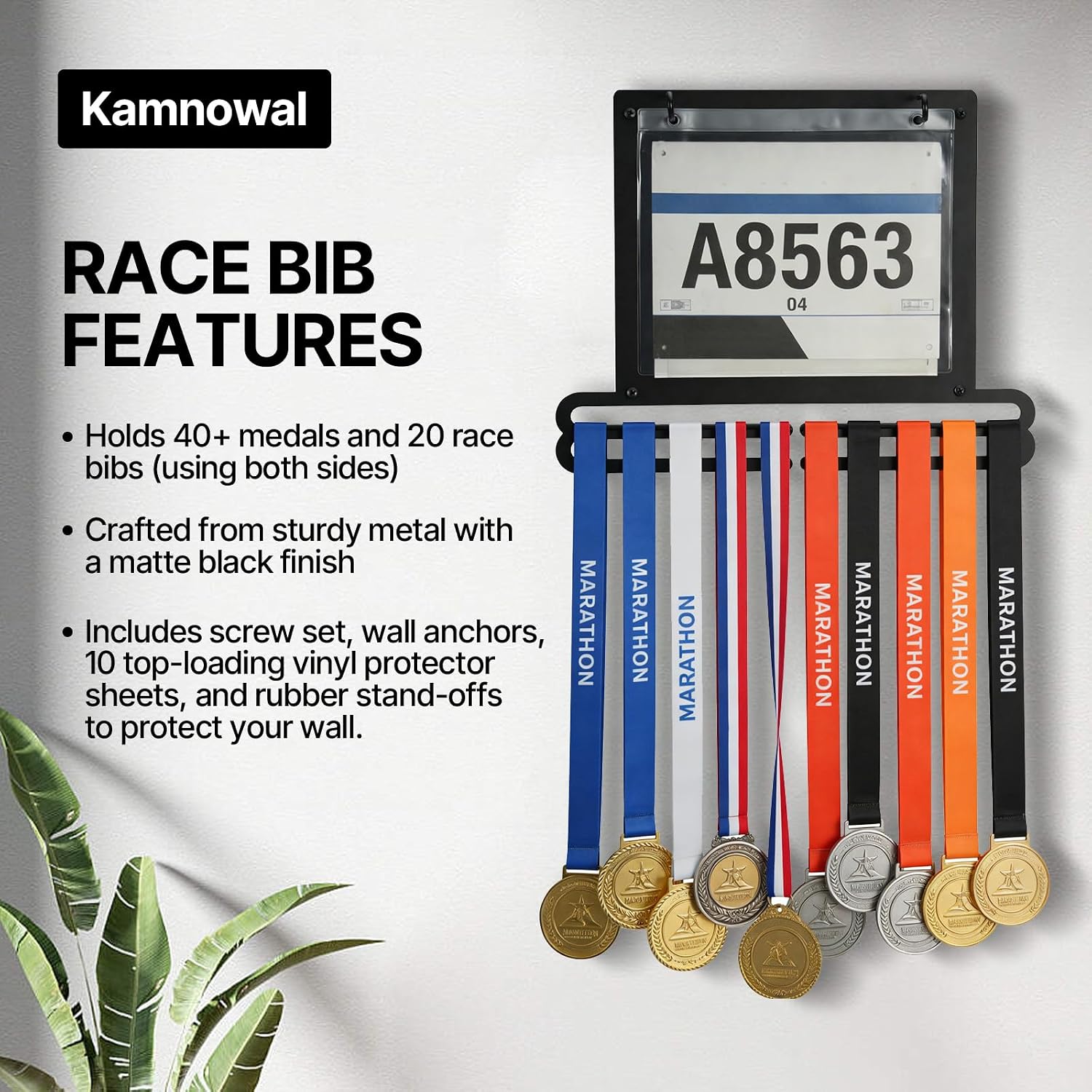 Race Medal and Bib Display Wall Mounted Rack, Heavy Duty Metal Hanger with 10 Clear Bib Holders, Holds 20 Bibs & 40 Medals, Gift for Runners Marathon Athletes