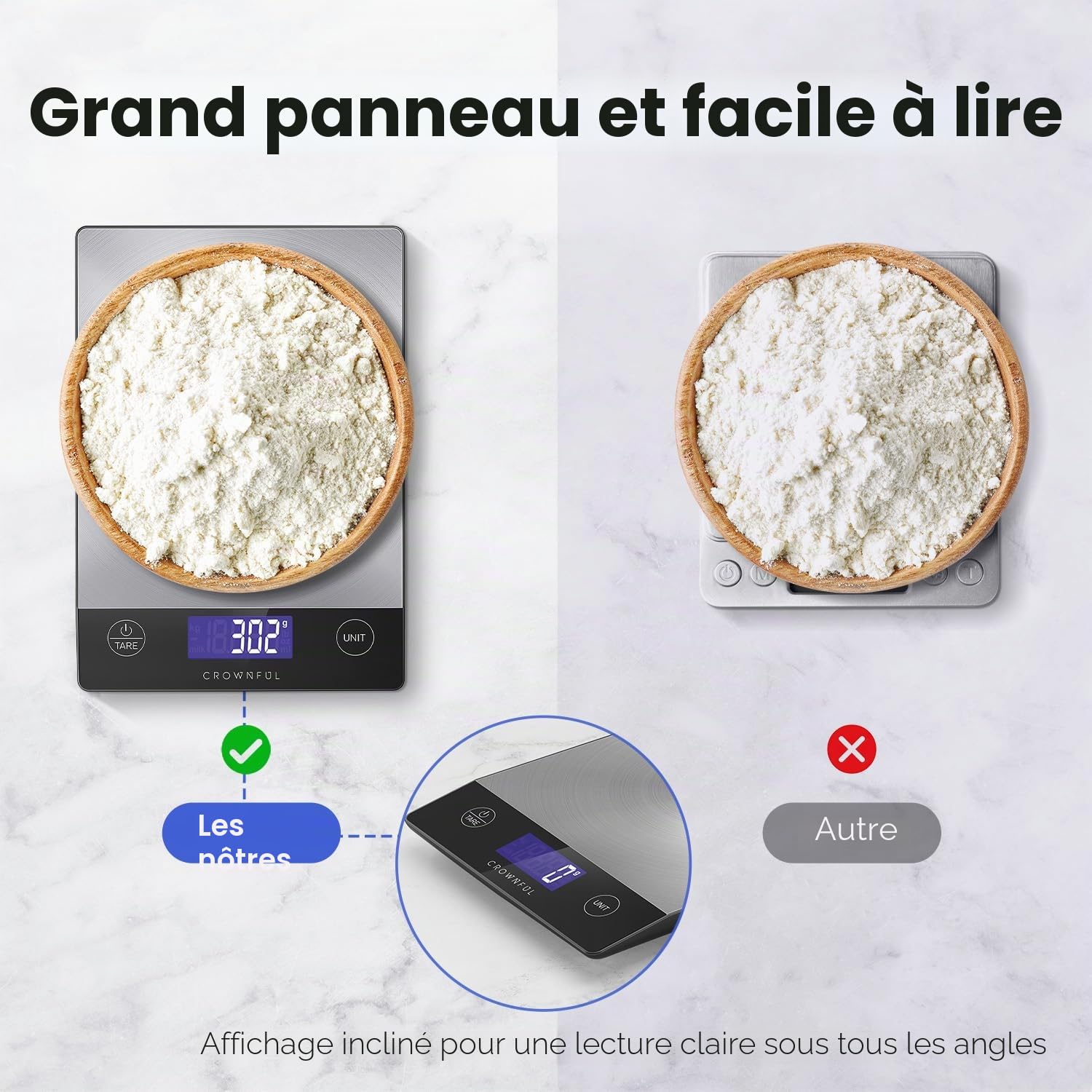 CROWNFUL Balance de cuisine rechargeable 15 kg, poids en grammes et onces pâtisserie et cuisine, chargement C, écran LCD, acier inoxydable 304