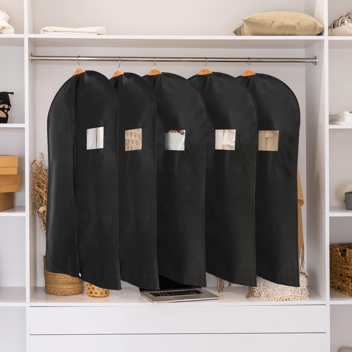 24 Pack Black Garment Bag Bulk for Closet Storage 40 Inch Hanging Suit Bags Cover Clothes Cover for Hanging with Zipper and Clear Window for Travel Men Coat Jacket Dance Dress