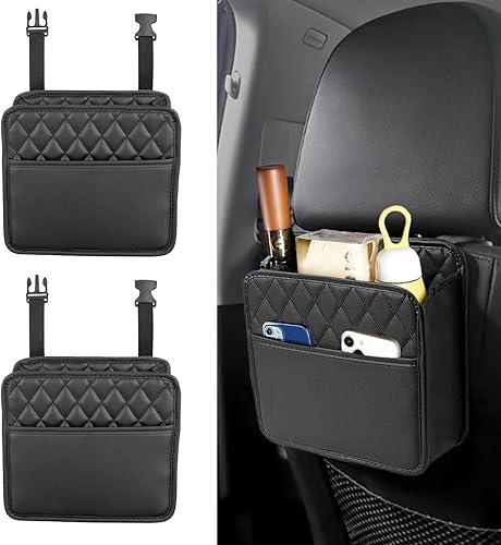 Organizador de cuero sintético para detrás del asiento, 2 unidades, bolsa colgante multiusos para la mayoría de los autos (negro)