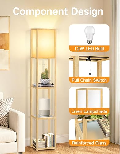 Miniatura 5 de OUTON Lámpara de pie con estantes de cristal, lámpara de pie alta con 3 temperaturas de color, modernas lámparas de pie para sala de estar,
