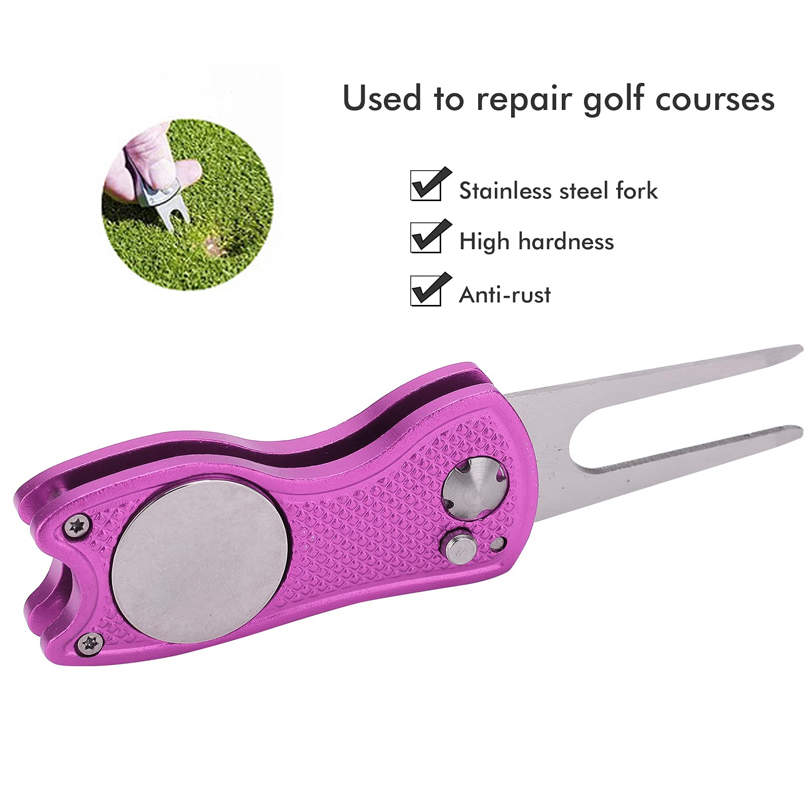 Forchetta da Golf Pieghevole in Acciaio Inossidabile, Strumento di Riparazione Divot Magnetico con Marcapalle, Rosa