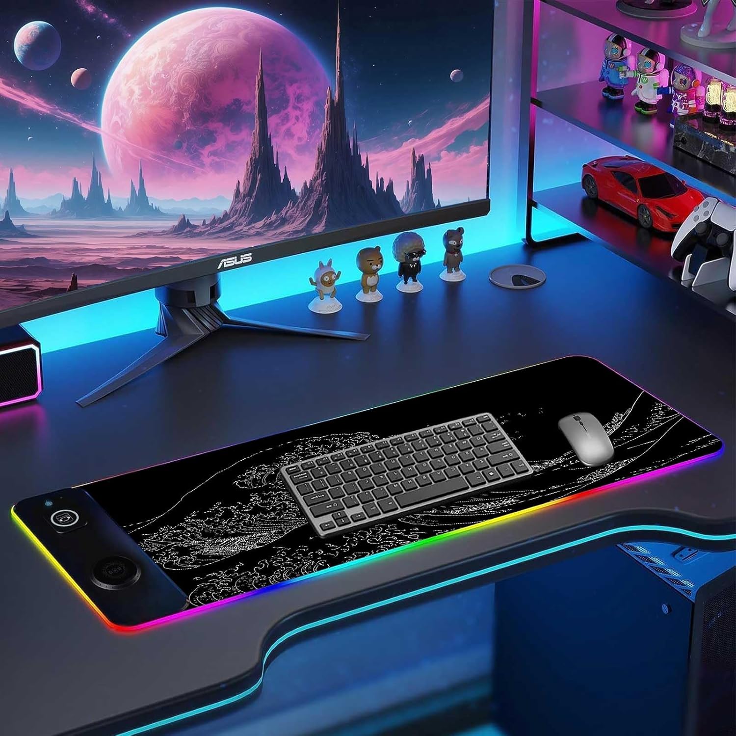 3-1 Wireless Charging Mouse Pad 15W, Japanese Sea Wave Desk Pad,RGB Gaming Mousepad with Wireless Charger for iPhone/Airpods,Large Desk Mat,14 Light Modes,Magnetic Charging, Long Desk Pad,31.5"x11.8"