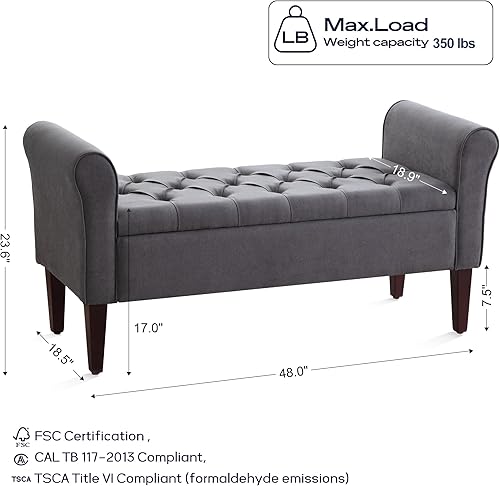 Miniatura 2 de HUIMO Banco de almacenamiento de 48 pulgadas, otomana de almacenamiento con brazos con patas de madera maciza de 7.5 pulgadas, banco de pie de cama