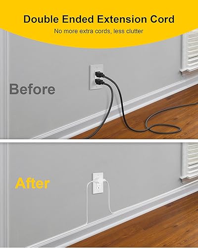 Miniatura 5 de TREEWELL Tira de alimentación de cable de extensión doble de 3 puntas, cable de extensión plano ultrafino de 12 pies con enchufe plano delgado, 6