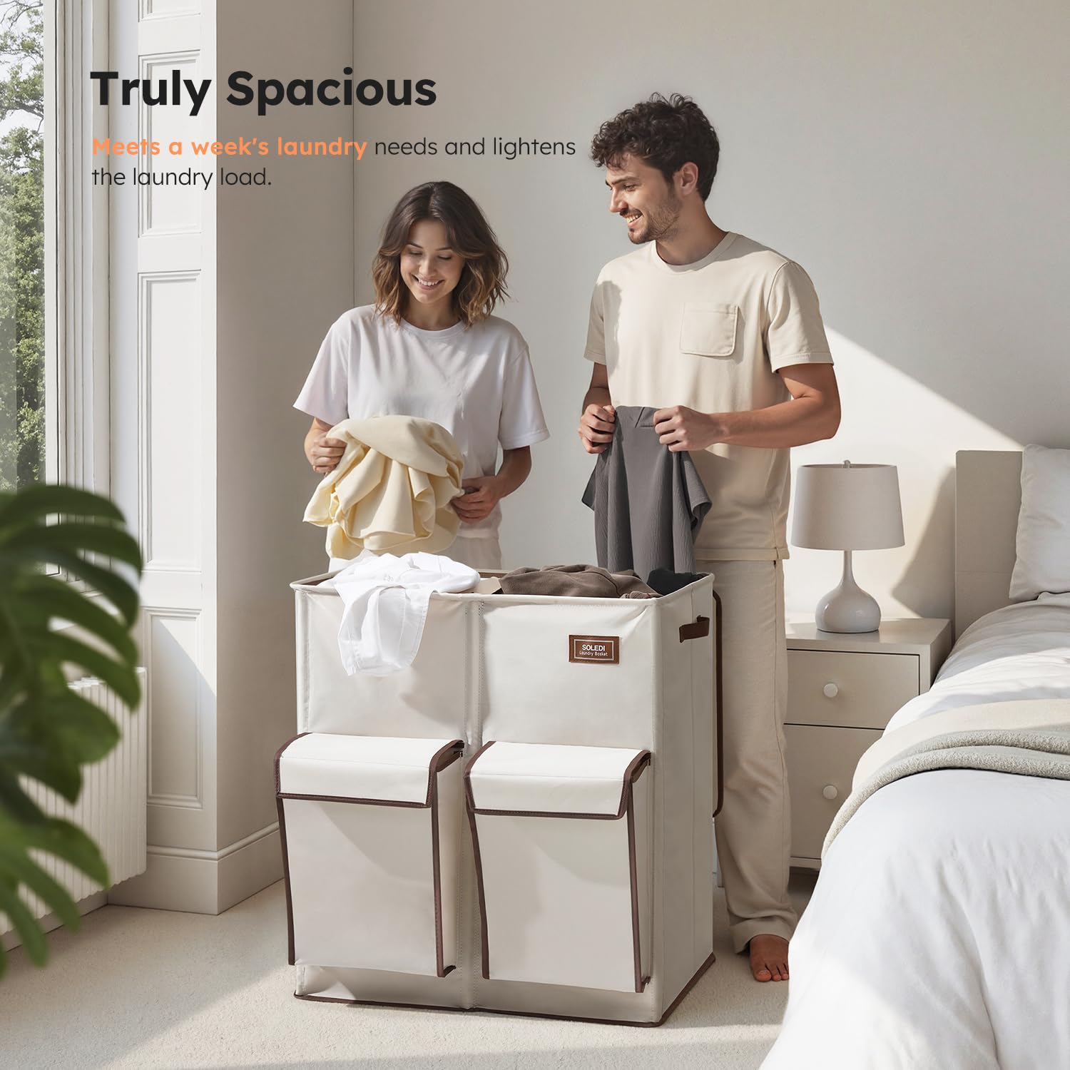 SOLEDI Cesto portabiancheria doppio con coperchio, 180 l, grande cesto portabiancheria a 2 sezioni con 2 tasche laterali, cesto per vestiti sporchi con borsa rimovibile, facile da trasportare per