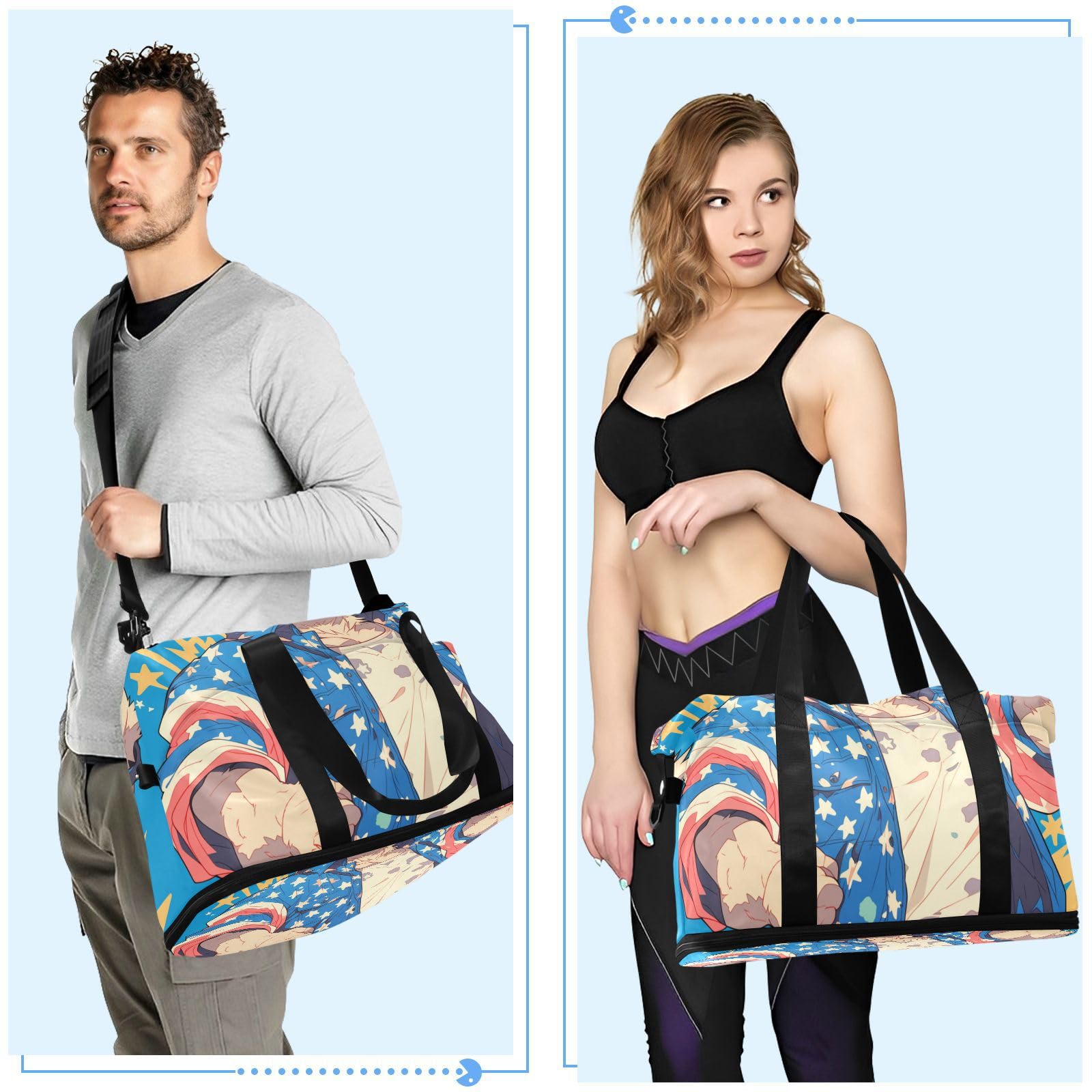Reisetasche mit niedlichem Cartoon-Bär, patriotische Farbe, Reisetasche, mit Nassfach, verstellbarer Riemen, für Fitnessstudio, Handgepäck, für Reisen, faltbar, für Männer und Frauen
