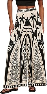 Women's Tropical Print Palazzo Pants Boho Elastic High Waist Wide Leg Ca...