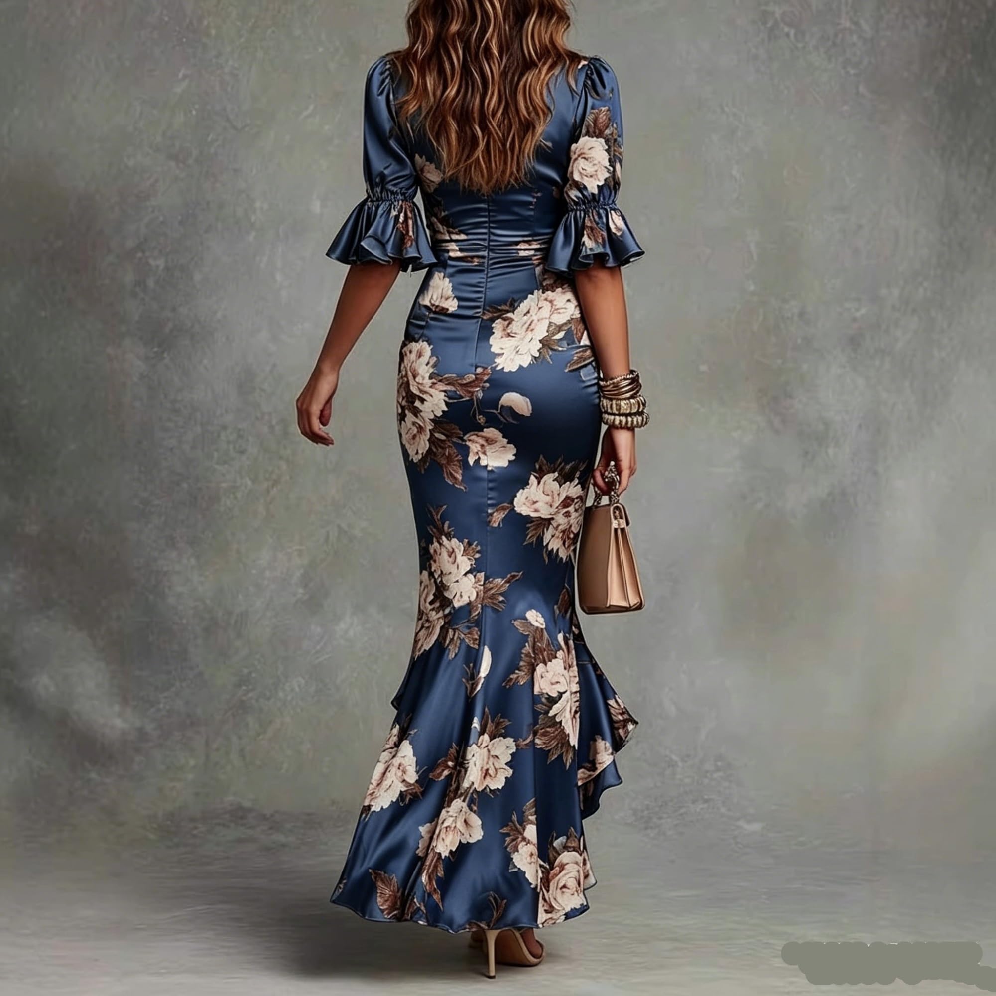 Abito Lungo Maxi Donna Floreale Raso e Chiffon, V con Volanti Vita arricciata per ospite Matrimonio Cocktail e Serata