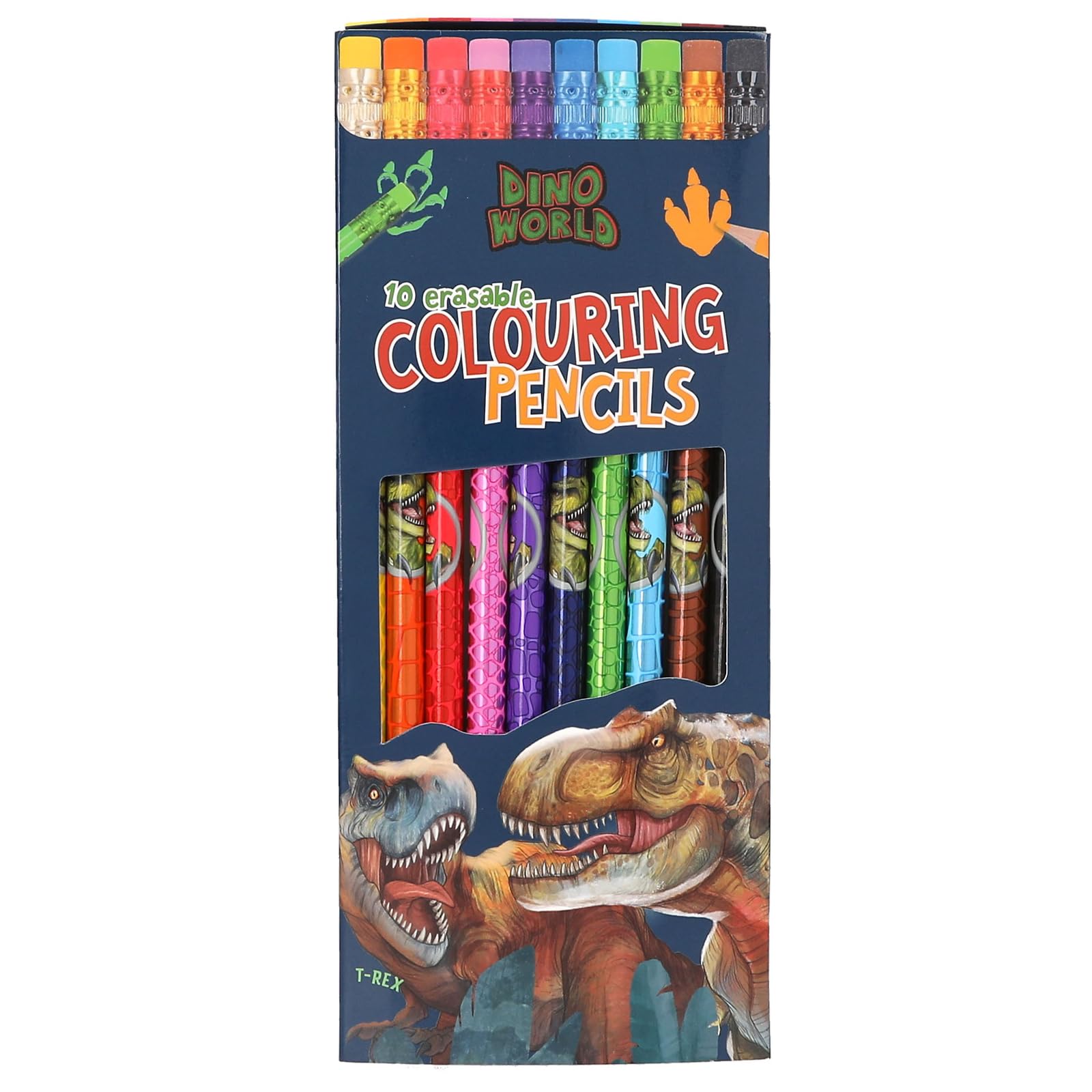 Depesche 13530 Dino World Colouring Pencils Set with 10 Colours in Case with Eraser Topper on Each Pen, for Colouring at School and Leisure