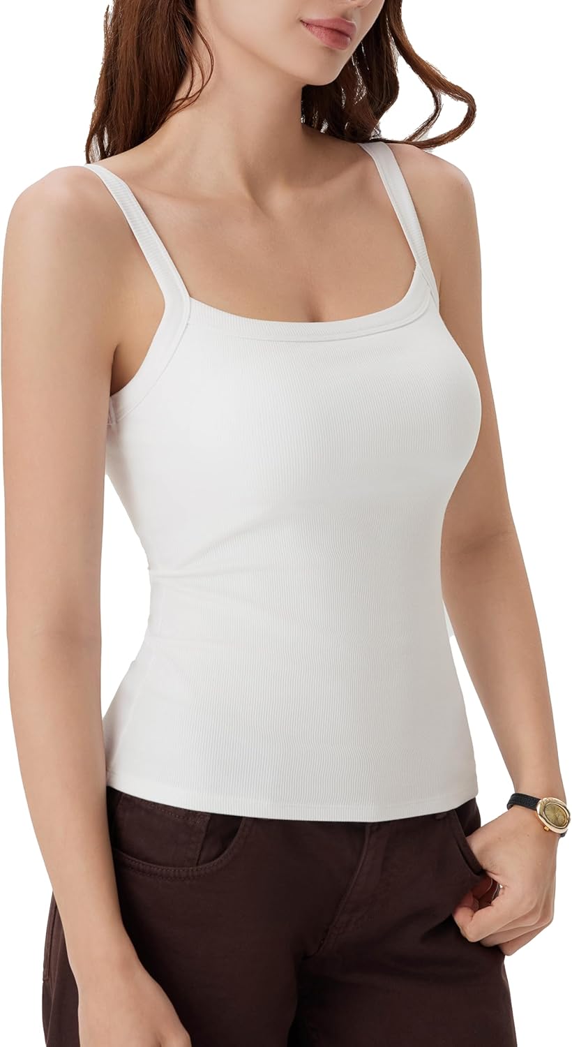 SUUKSESS Women Cotton Rib Padded Tank Tops Sleeveless Spaghetti Strap Square Neck Tops Summer Camisole Going Out Shirts
