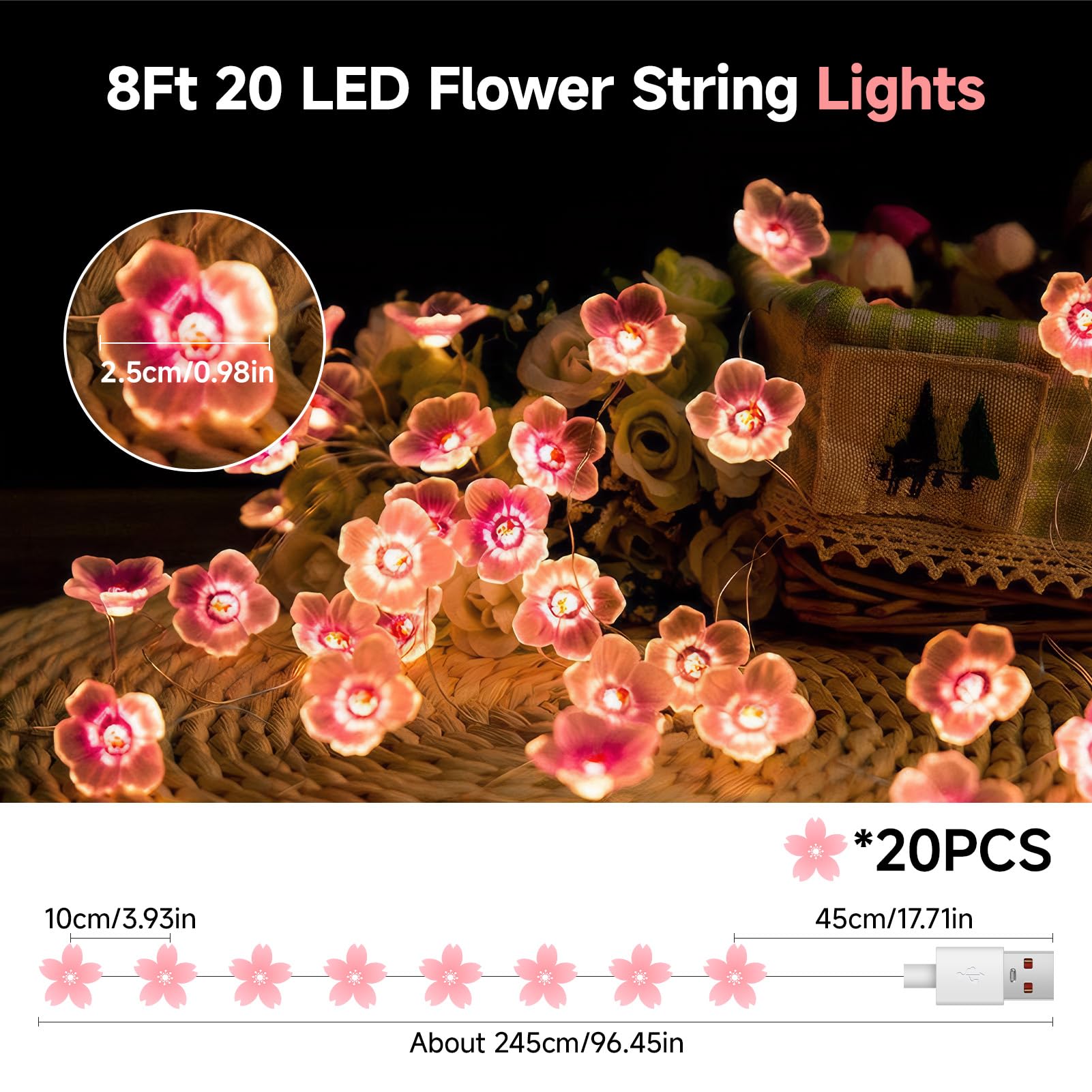 UIHRLM Cherry Blossom Lights, 2M Pink Flower Fairy Lights with 20 LED - Image 2