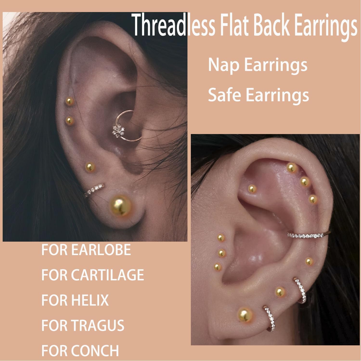 Sweetkiki Threadless Flat Back Earrings, 14K Gold Plated Ball Stud Earrings Hypoallergenic | Cartilage Earring | Helix Piercing Jewelry | Tragus Piercing Jewelry | Push in Flatback Earrings for Women Men - Image 8