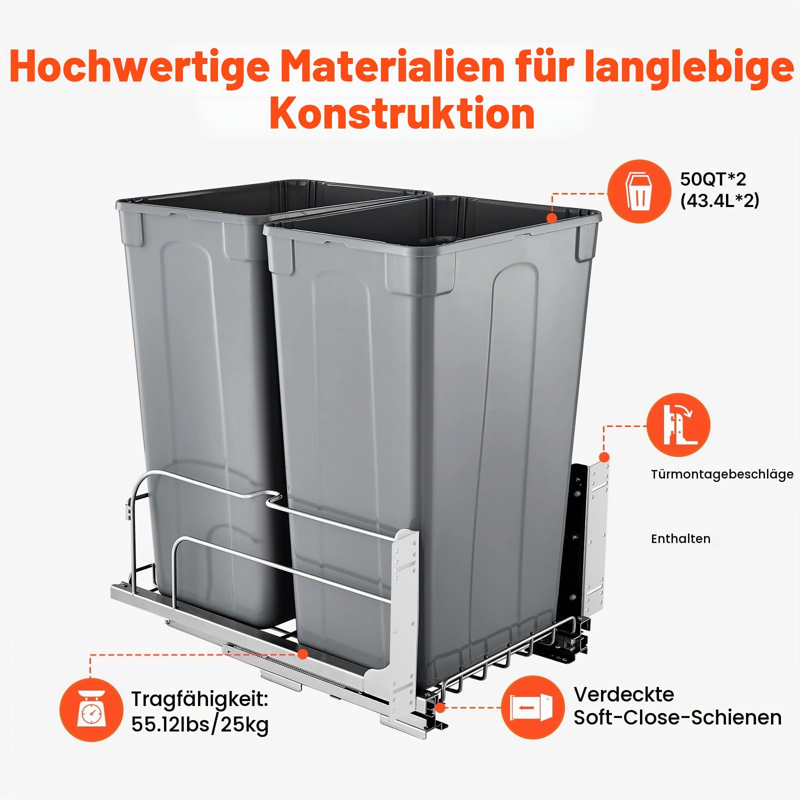 VEVOR ausziehbarer Abfallbehälter (50 Qt x2), doppelter Unterbau-Küchenabfallbehälter, Mülleimer mit Türsatz & Soft-Close-Schieberegler, für Küchenschrank Spüle unter der Theke (grau)
