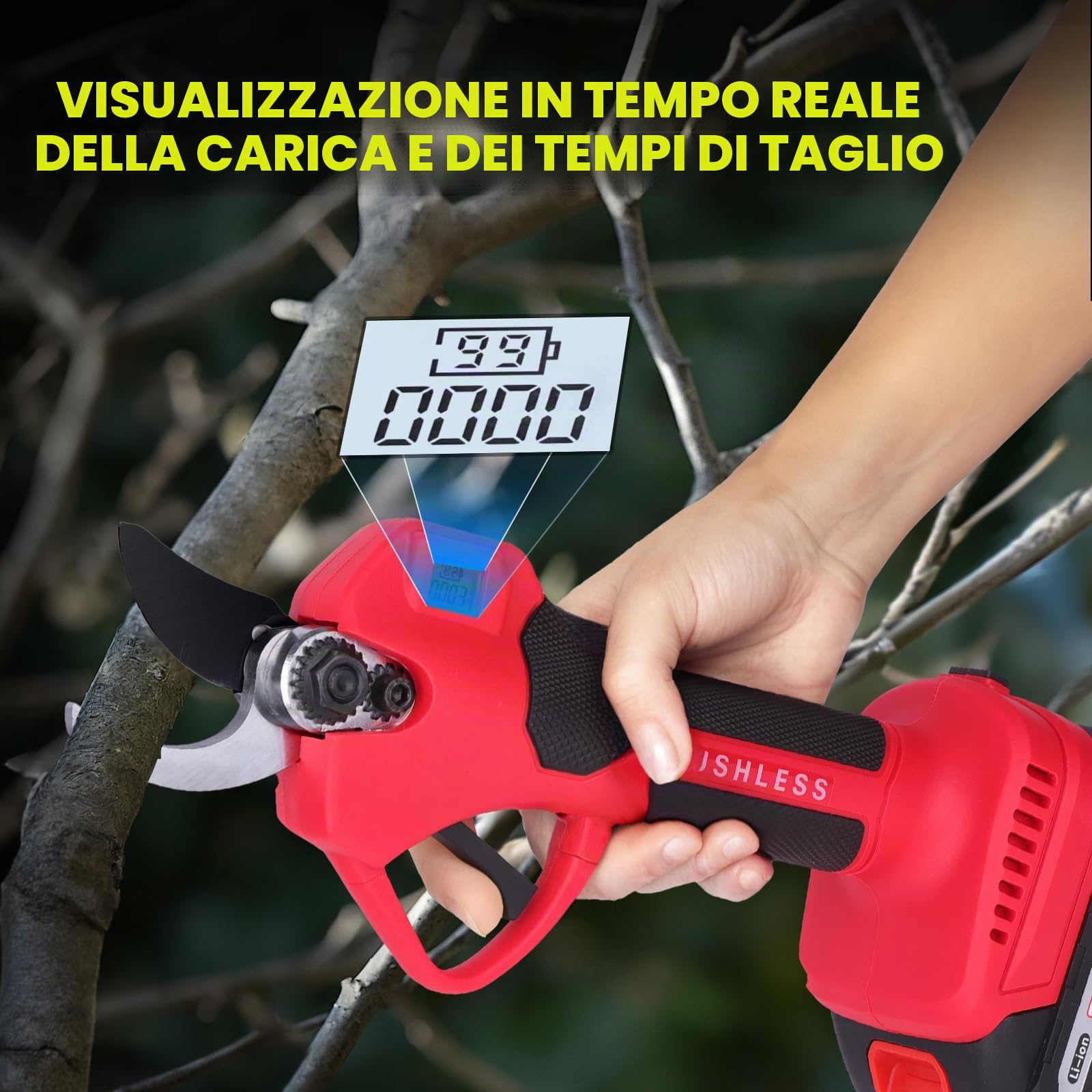 Forbici da Potatura Elettriche 30mm, Batteria 2000mAh con Display LCD | Lame Intercambiabili | 2 Batterie Ricaricabili | Potatore a Batteria per Giardinaggio, Frutteti e Vigneti-Rosso