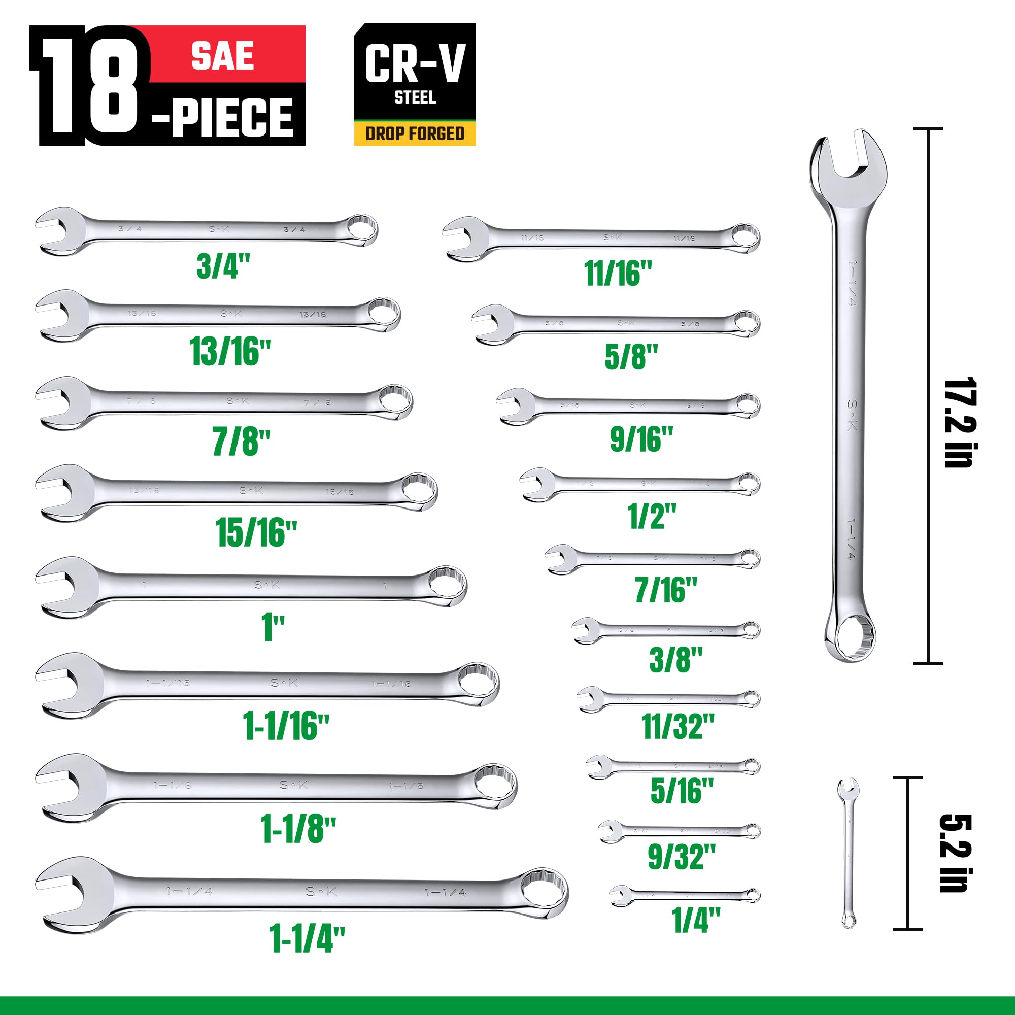 SK Zestaw kluczy płasko-oczkowych, SAE 1/10.2 cm do 1-1/10.2 cm, 18-częściowy, wykończenie SuperKrome, konstrukcja Premium CR-V, z torbą na kółkach