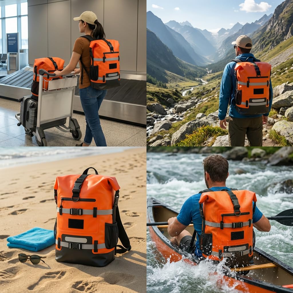 Rucksack, wasserdicht, Orange, 30 l, wasserdicht IPX6, für Wassersport, Kajak, Paddle, Boot, viele Befestigungen, Vordertasche, Wassertasche, bequemer Transport