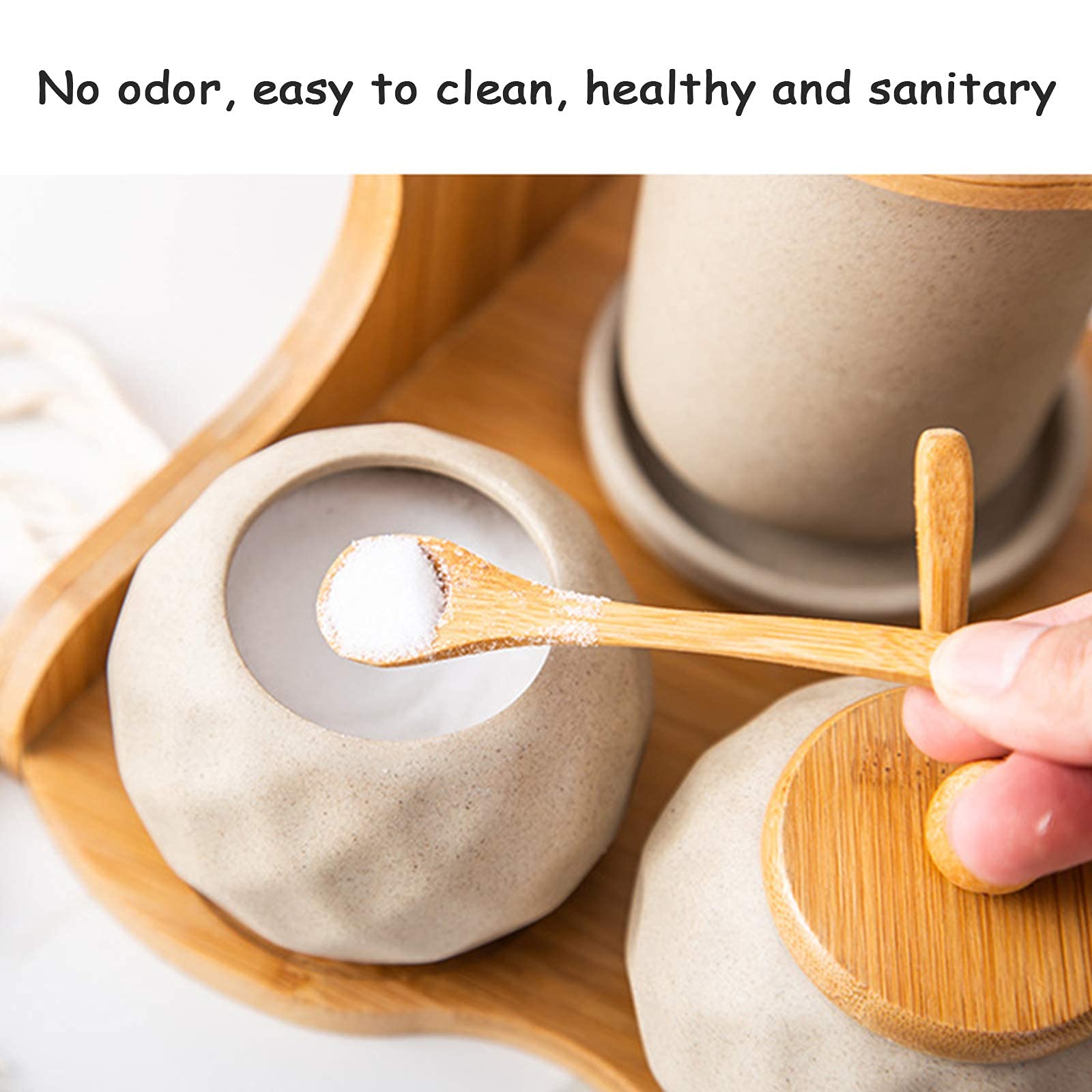 Zestaw 6 porcelanowych pojemników na przyprawy z drewnianym uchwytem, zestaw ceramicznych pudełek na przyprawy z pokrywkami i łyżkami do kreatywnych przyborów kuchennych i do użytku w restauracji.