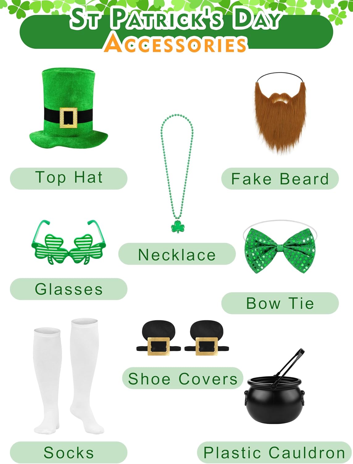 SOMSOC 10 Pieces Men's St Patrick's Day Costume with Shamrock Accessories Clover Glasses Top Hat for Adult Irish Party - Image 2
