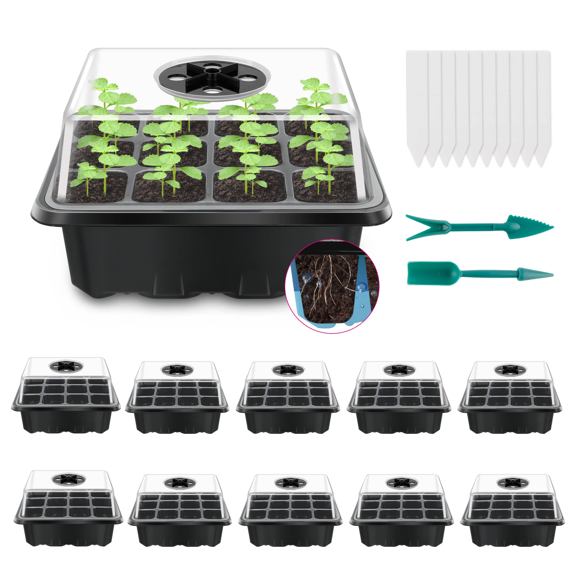YSBER Seed Trays,10 Pack 120 Cells Seed Propagators with Lids, Reusable Growing Starter Tray for Greenhouse/Garden (10 pack/12 Cells)